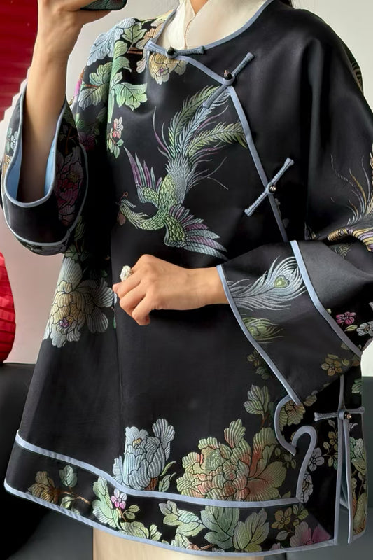 Black Twelve-Color Vintage Satin Mandarin Jacket – Phoenix & Floral Motif, Ruyi Side Trims