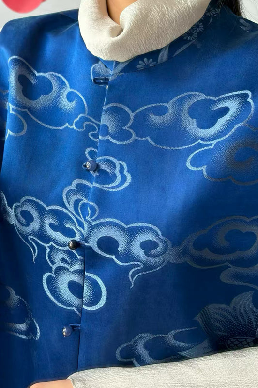 Deep Blue Vintage Satin Vest & Mermaid Skirt Set – Clouds, Flowers, Waves, Fish Motifs