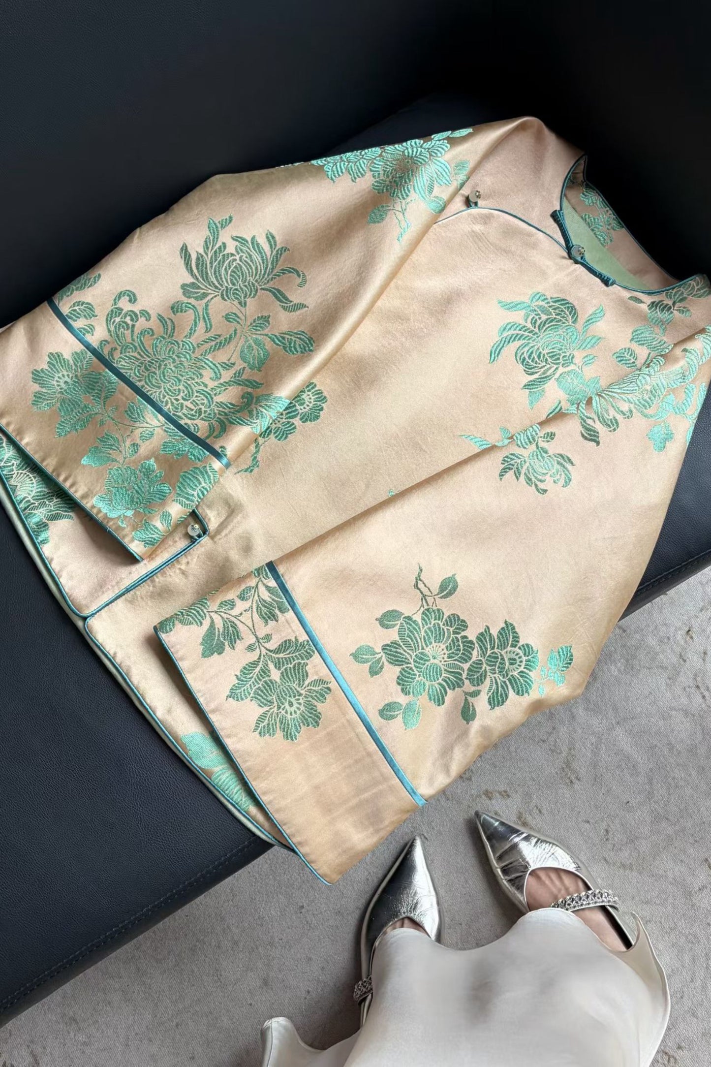 Short Antique Satin Mandarin Jacket – Pipa Front, Plum Orchid Bamboo Chrysanthemum Motif – One-of-a-Kind