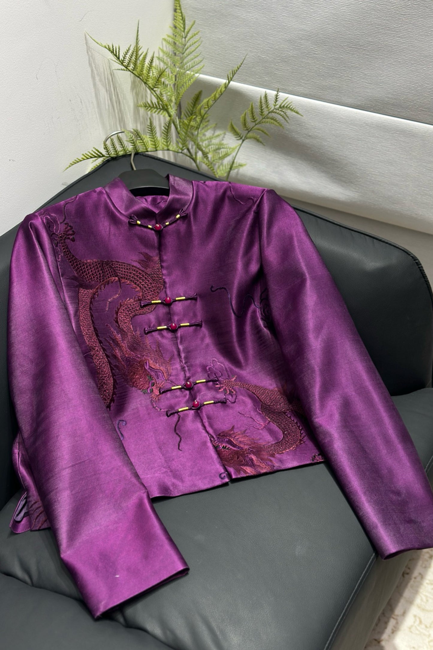Purple Ink-Embroidered Mandarin Jacket – Multi-Chinese-Dragon Motif, Five Frog Buttons – One-of-a-Kind