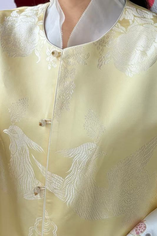 Cream Yellow Antique Satin Mandarin Jacket – Phoenix & Floral Motif, Su-Embroidered Cuffs – One-of-a-Kind