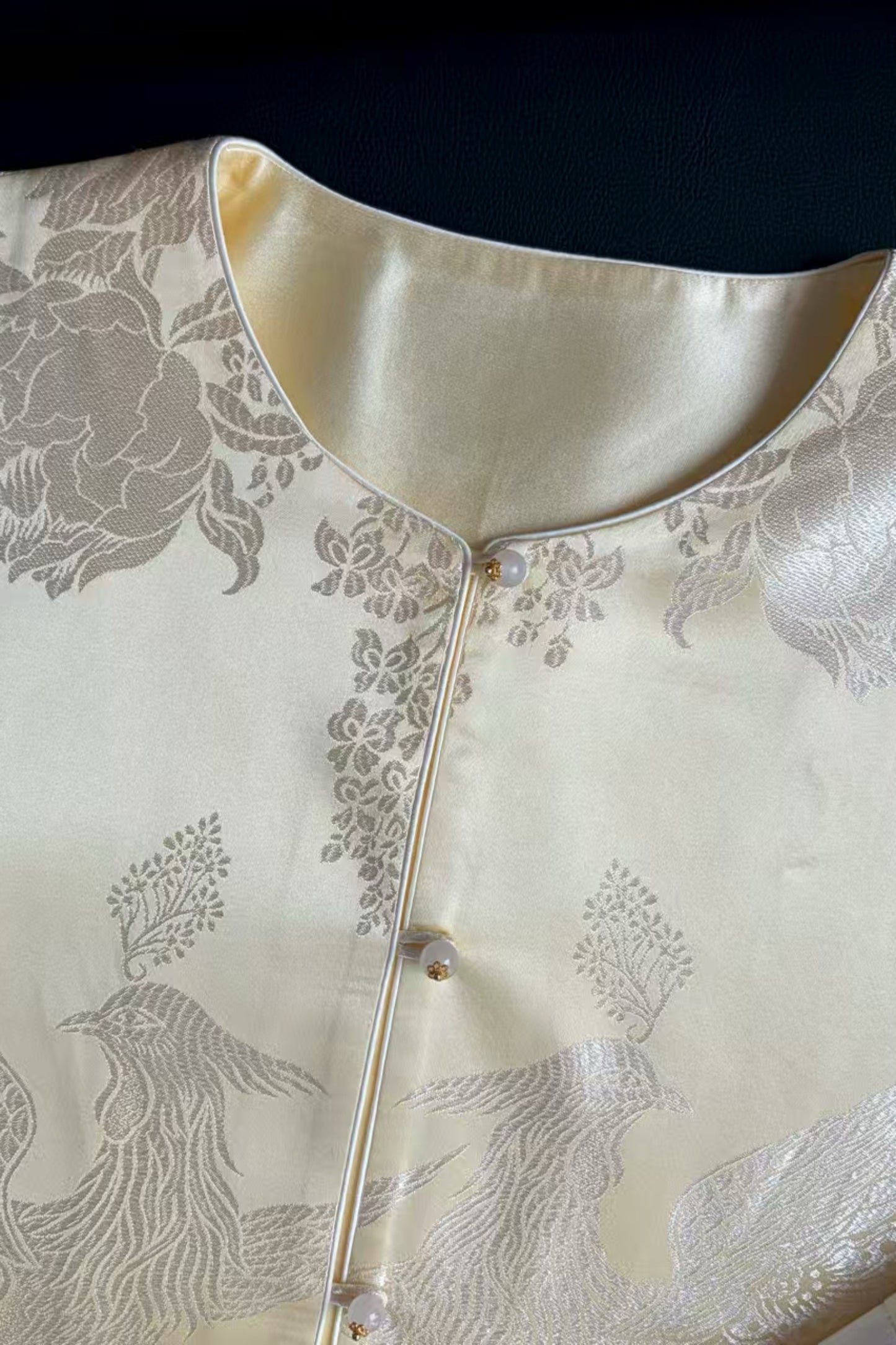 Cream Yellow Antique Satin Mandarin Jacket – Phoenix & Floral Motif, Su-Embroidered Cuffs – One-of-a-Kind