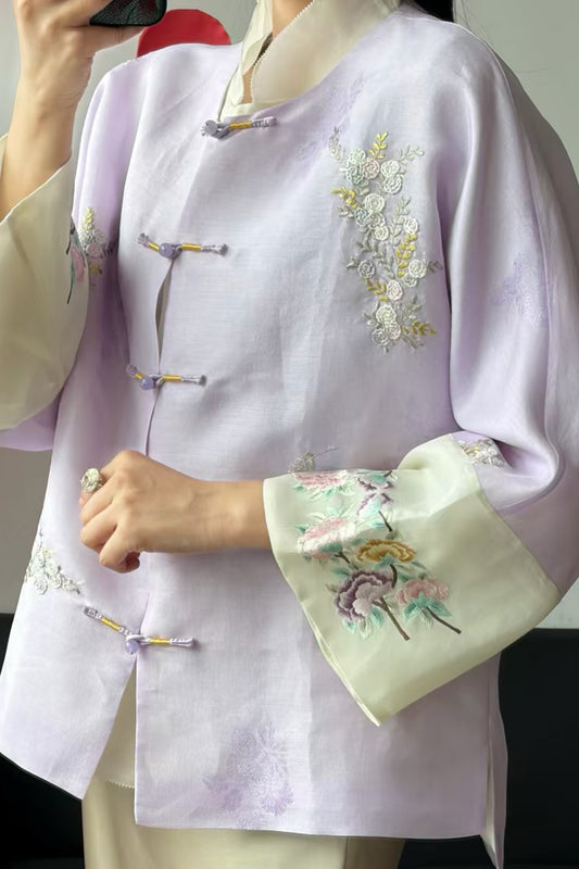 Lavender Silk Gazar Jacket – Su-Embroidered Cuffs & Body, Jacquard Weave – One-of-a-Kind