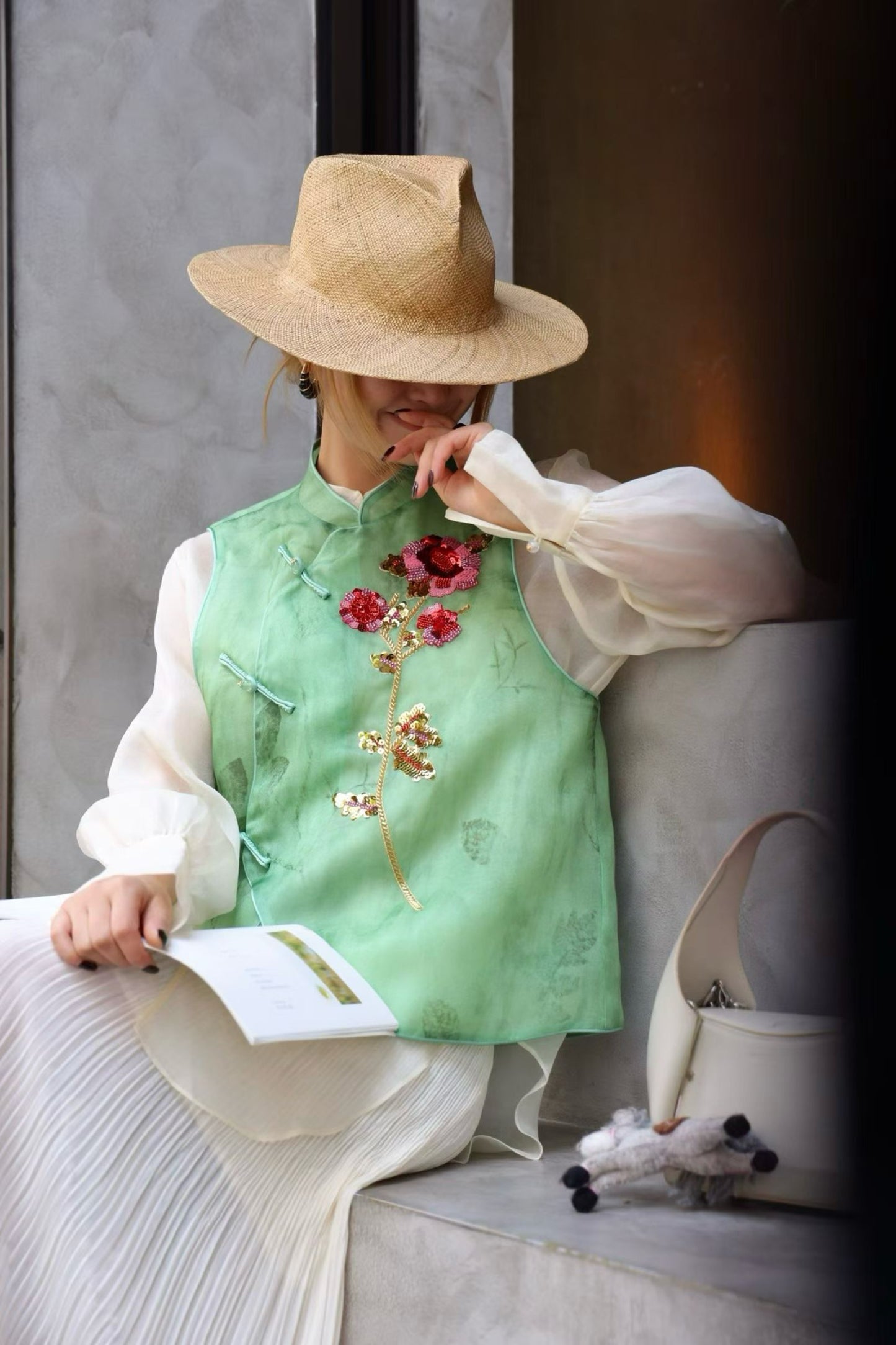 Green Silk Gazar Vest – French Embroidered Roses, Mandarin Collar, Handmade Button