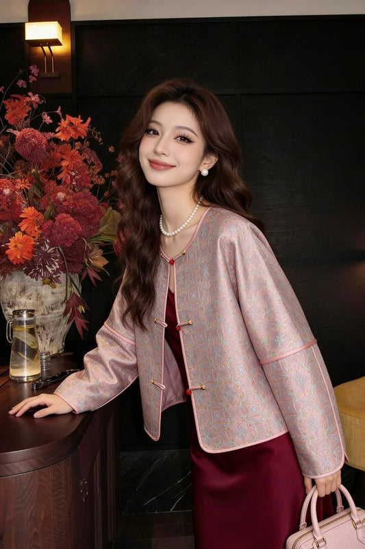 Powder Blue Song Brocade Mandarin Jacket – Round Collar, Straight Front – Neo-Chinese Style