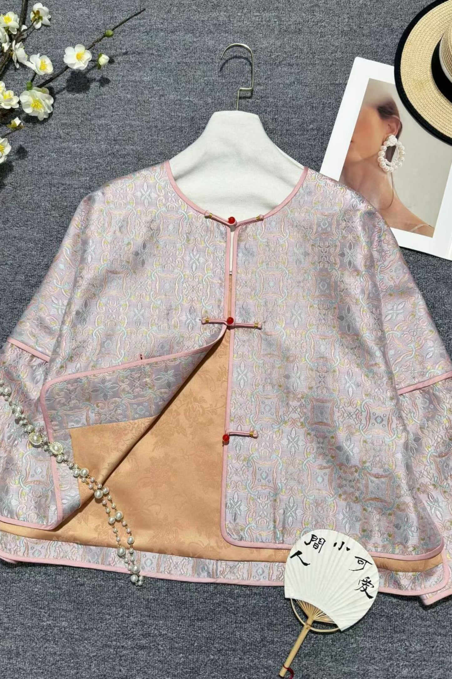 Powder Blue Song Brocade Mandarin Jacket – Round Collar, Straight Front – Neo-Chinese Style