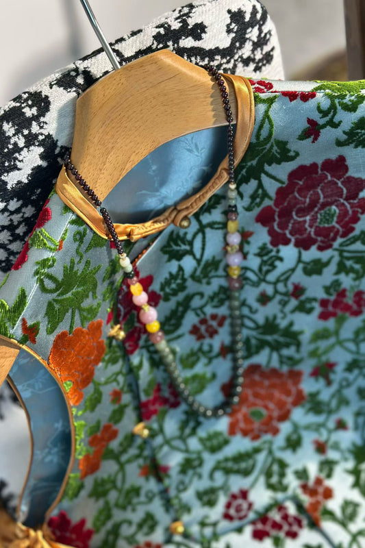 Lake Blue Zhangzhou Velvet Satin Vest – Heritage Twining Peony Motif – Neo-Chinese Style