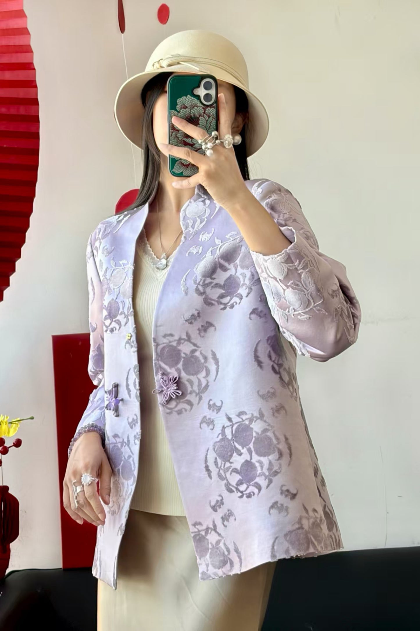 Purple Zhangzhou Velvet Satin Blazer – Bat & Peach Motif, Handwoven Heritage