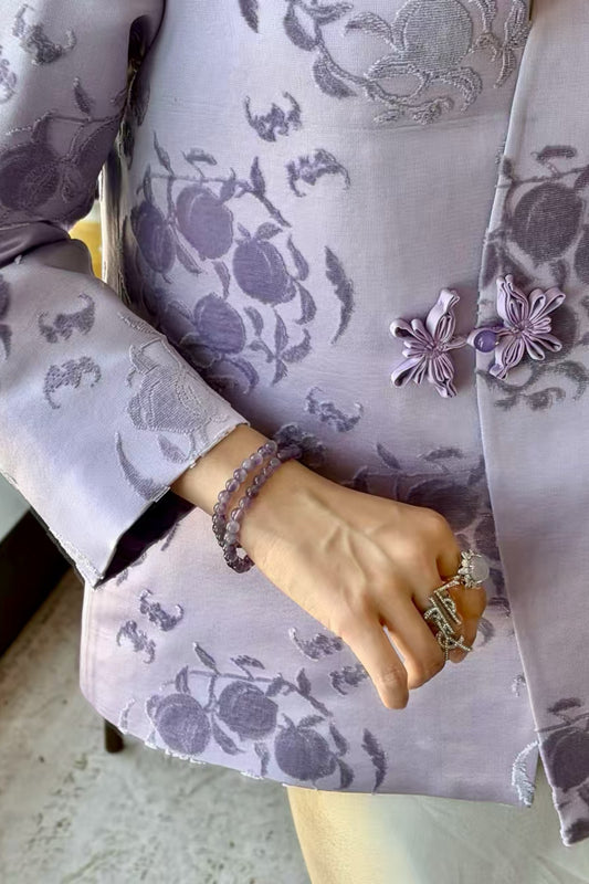 Purple Zhangzhou Velvet Satin Blazer – Bat & Peach Motif, Handwoven Heritage