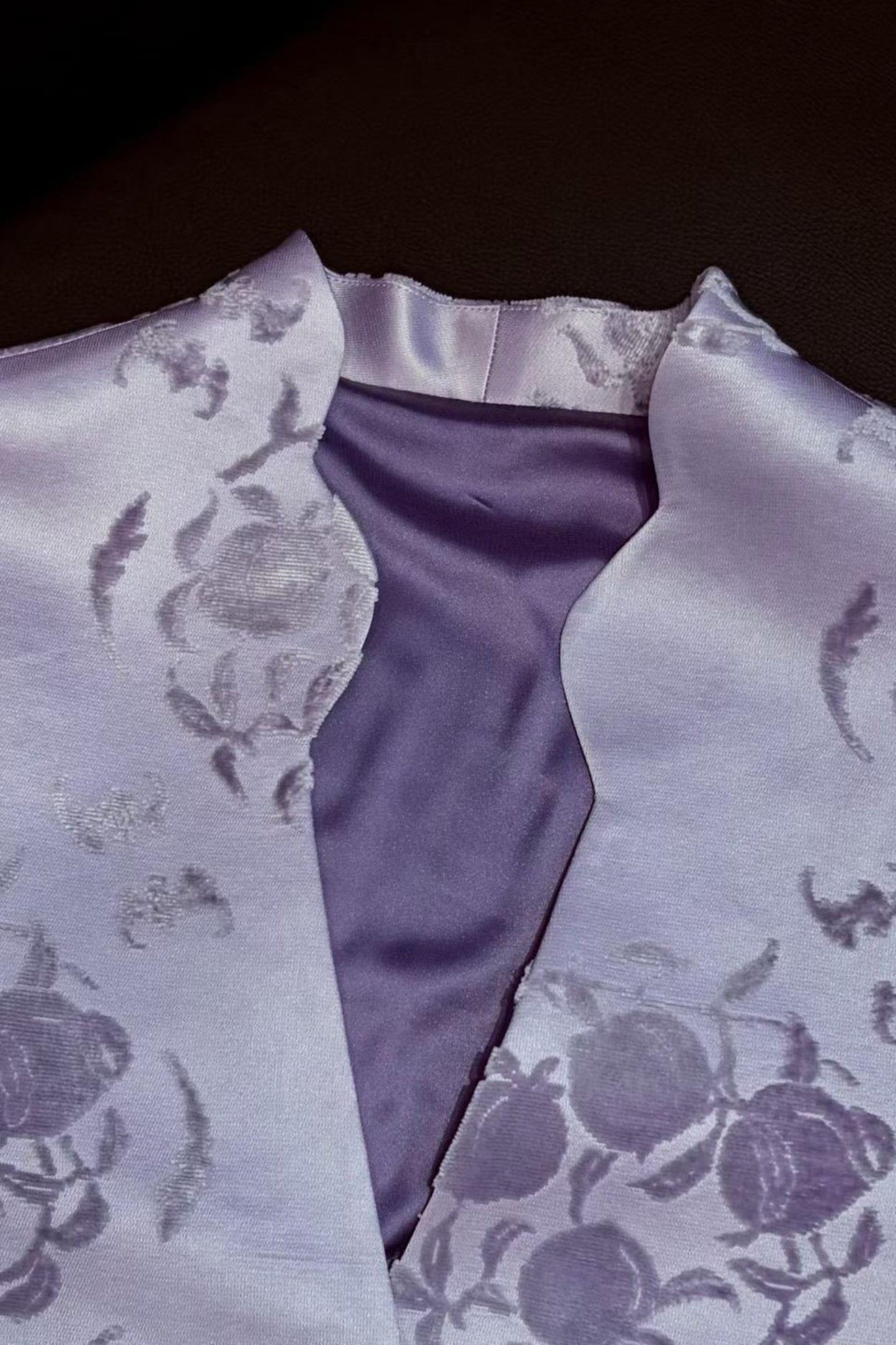Purple Zhangzhou Velvet Satin Blazer – Bat & Peach Motif, Handwoven Heritage