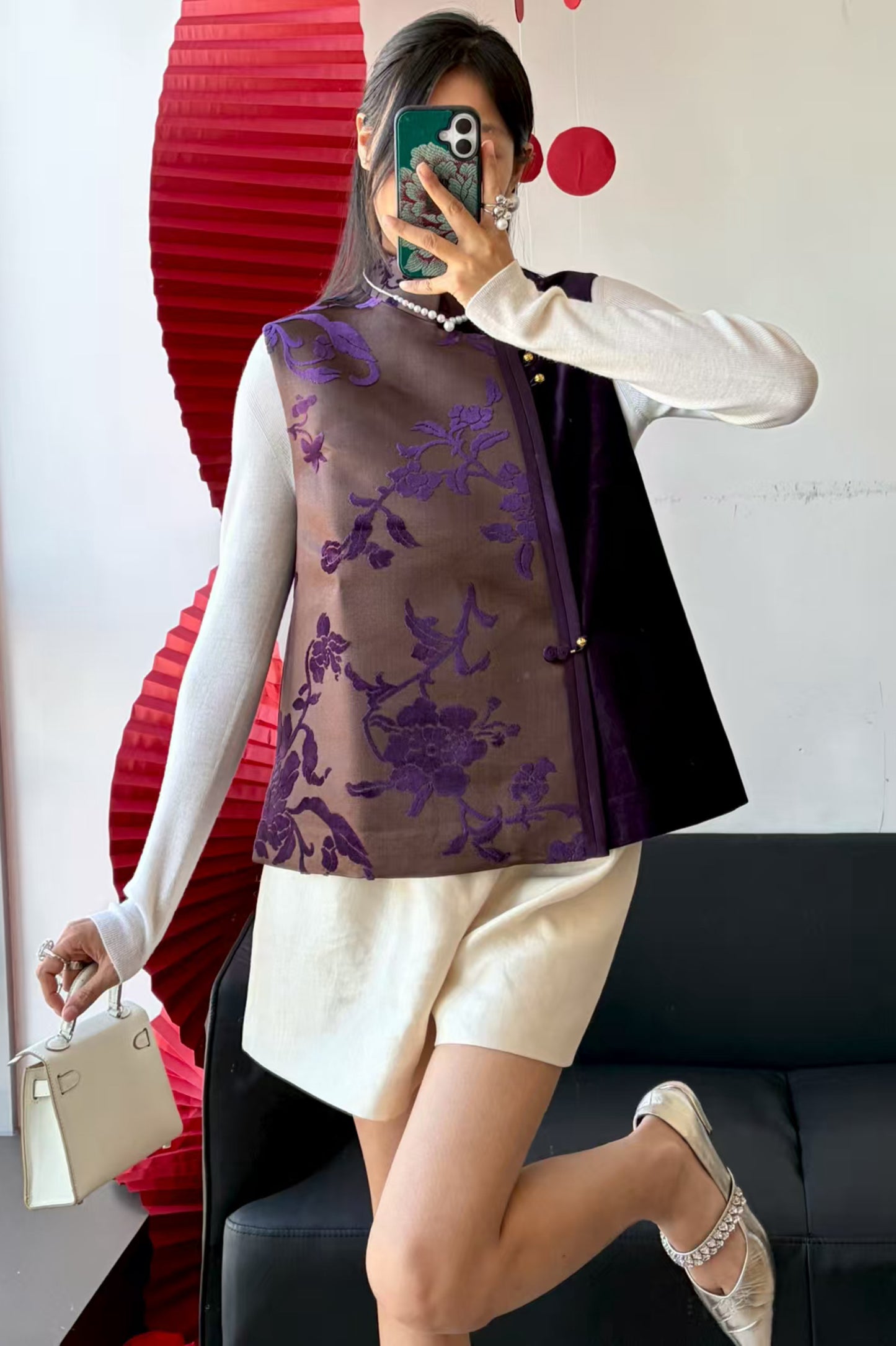 Dark Purple Zhangzhou Velvet Satin Vest – Velvet Trim, Peony Branch Motif, Stand Collar