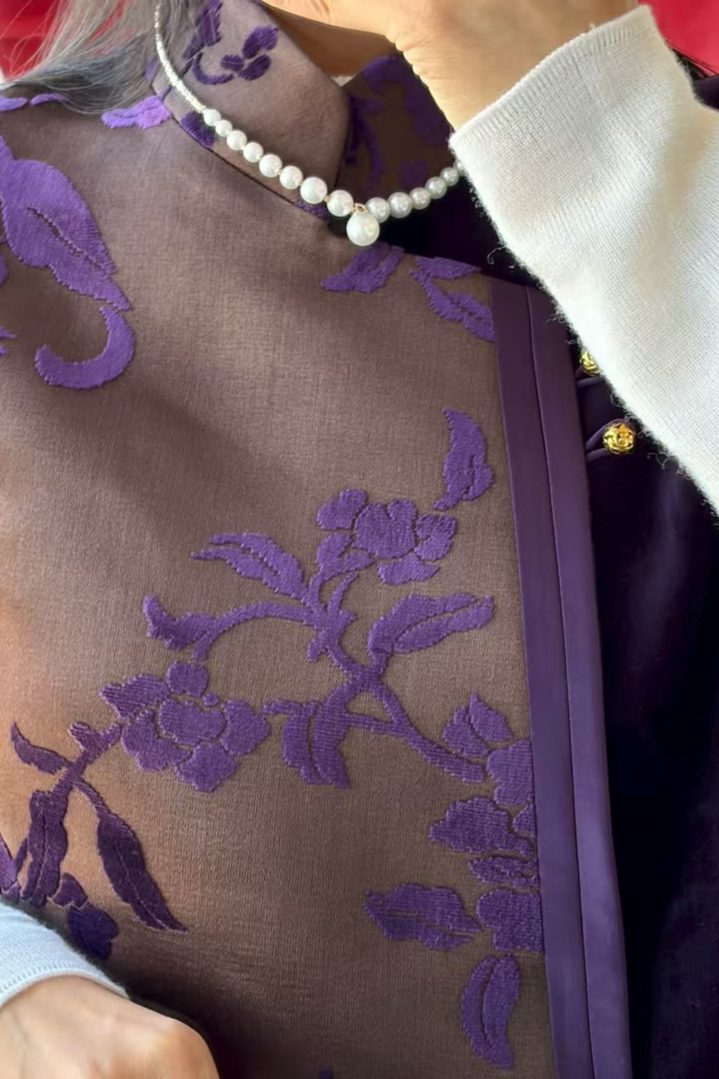Dark Purple Zhangzhou Velvet Satin Vest – Velvet Trim, Peony Branch Motif, Stand Collar
