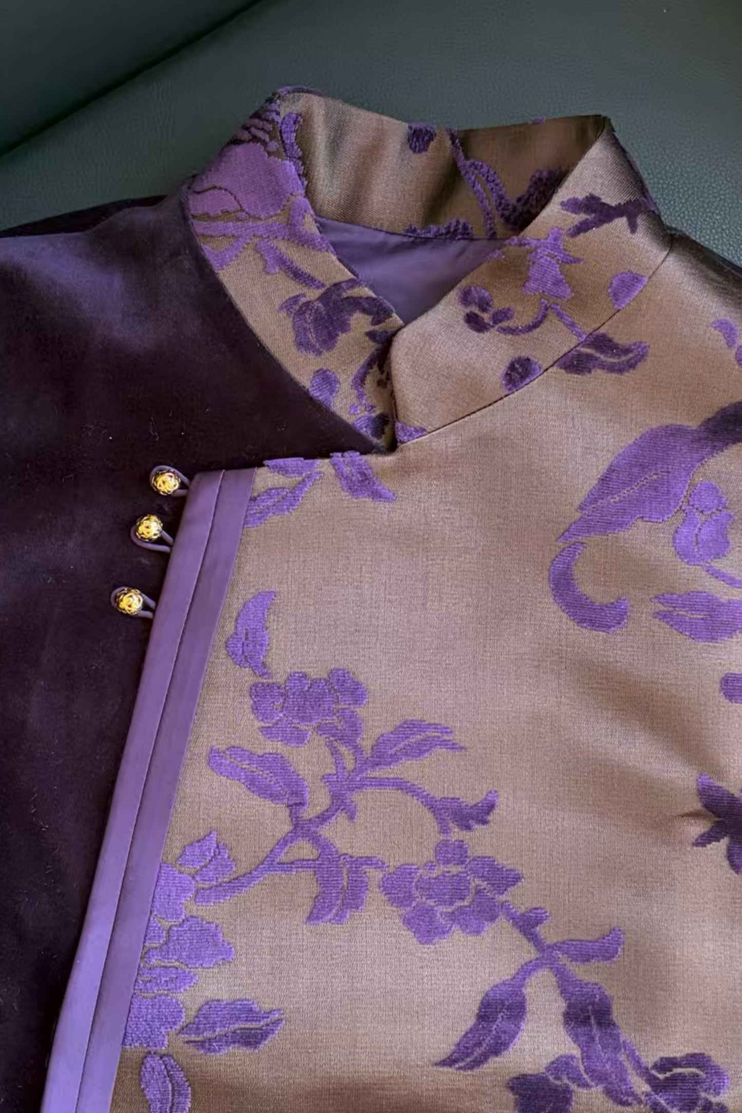Dark Purple Zhangzhou Velvet Satin Vest – Velvet Trim, Peony Branch Motif, Stand Collar