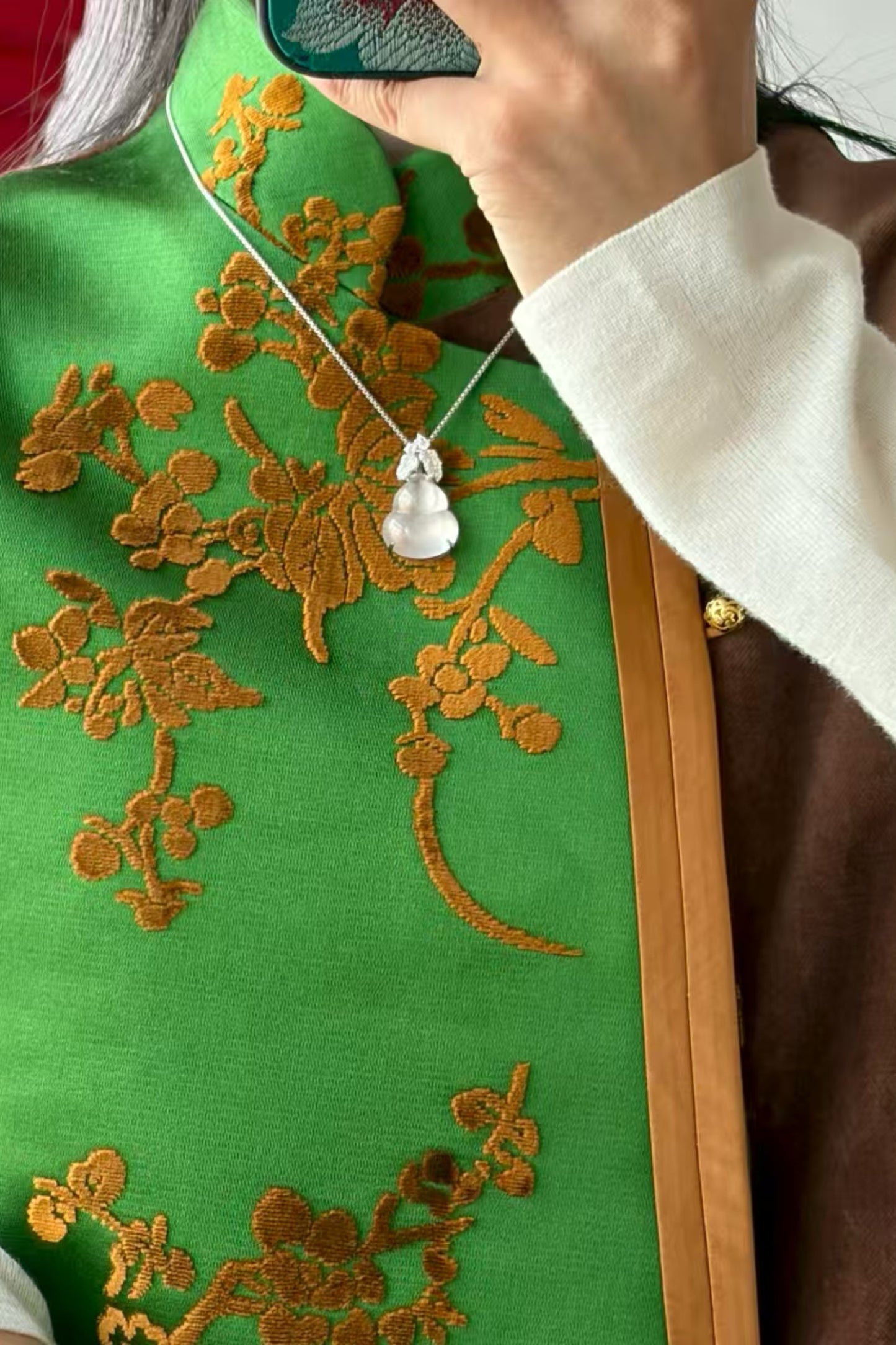 Green Zhangzhou Velvet Satin Vest – Plum, Orchid, Bamboo, Chrysanthemum Motifs, Velvet Trim