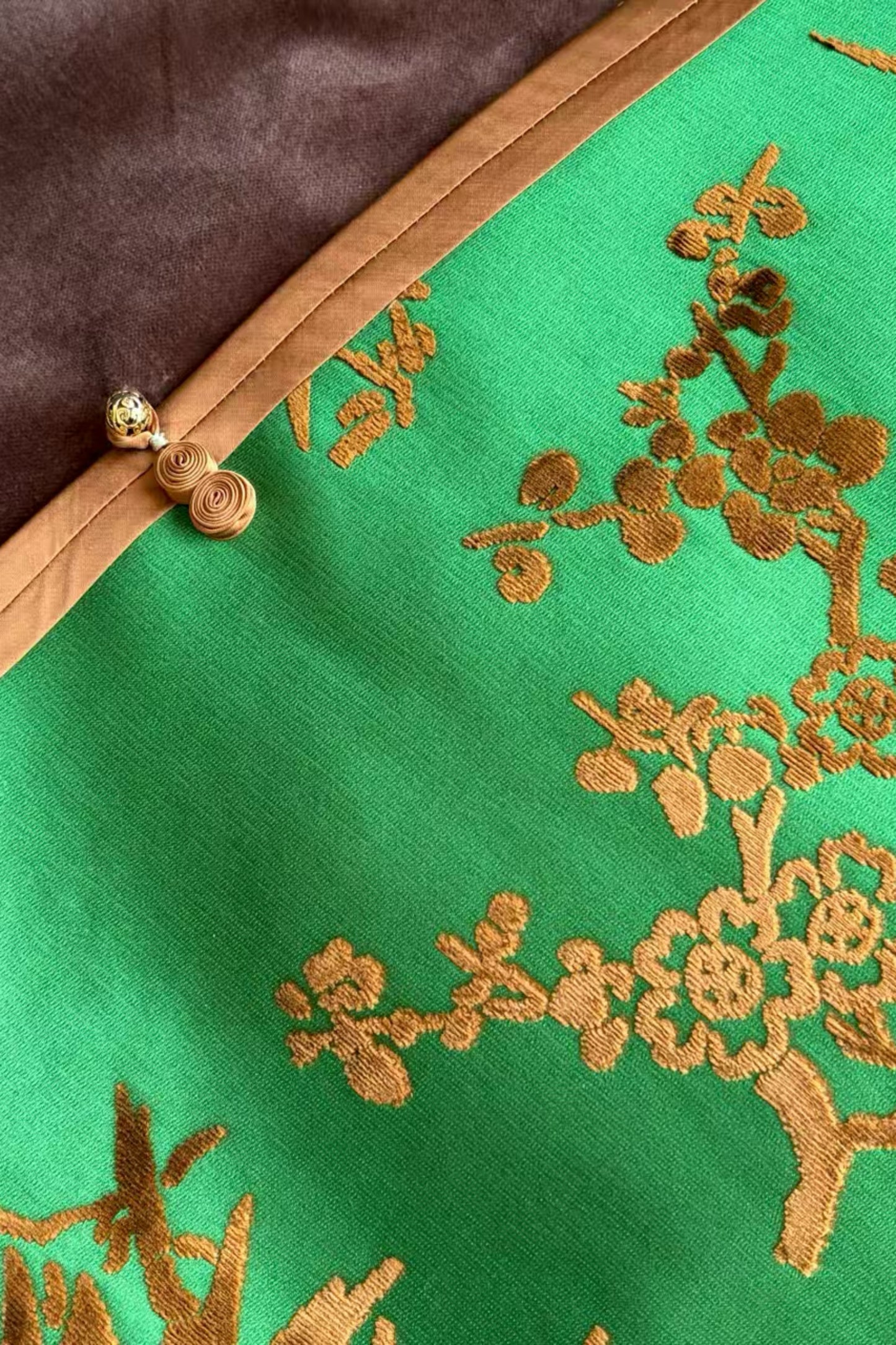 Green Zhangzhou Velvet Satin Vest – Plum, Orchid, Bamboo, Chrysanthemum Motifs, Velvet Trim