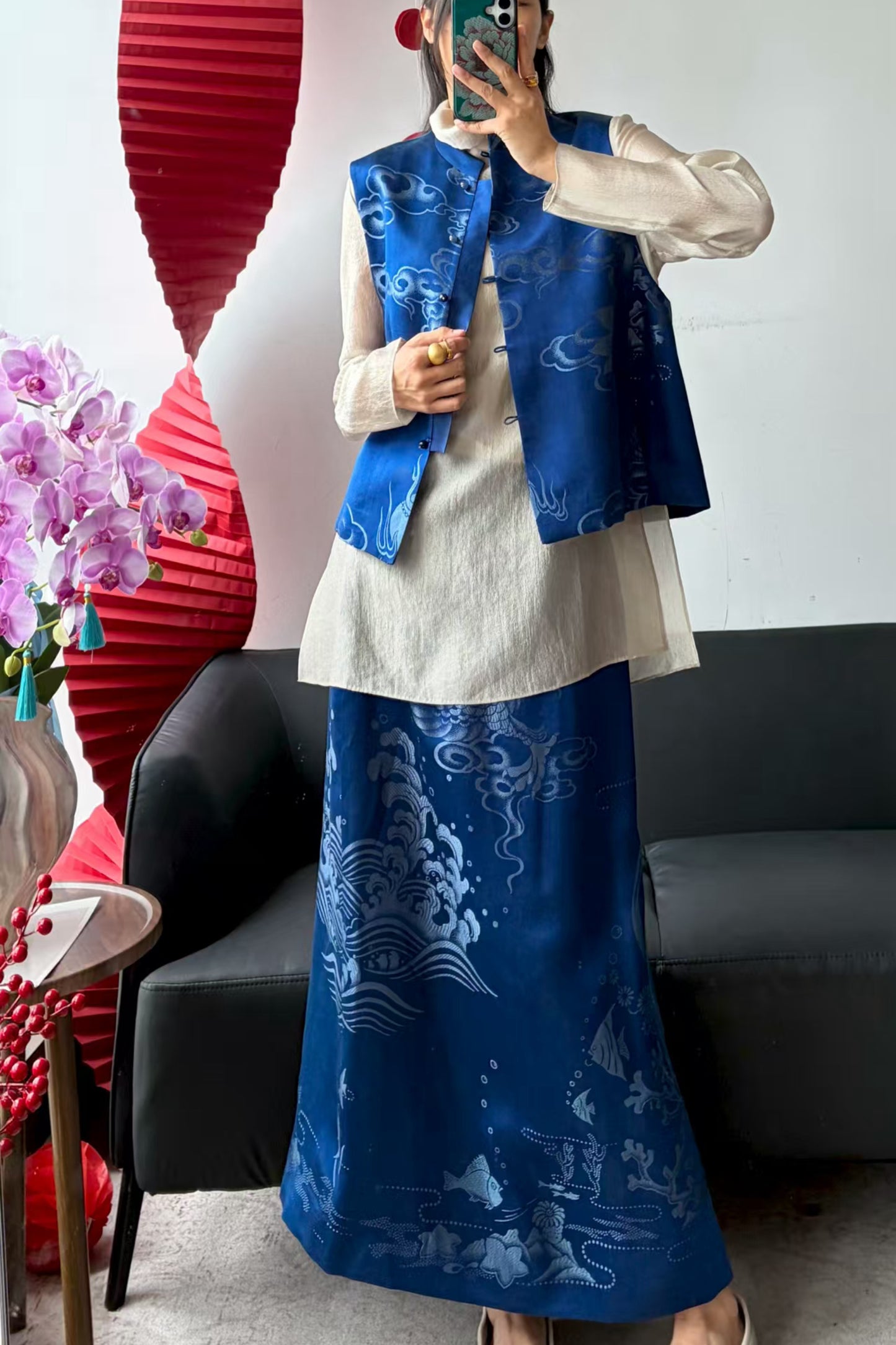 Deep Blue Vintage Satin Vest & Mermaid Skirt Set – Clouds, Flowers, Waves, Fish Motifs