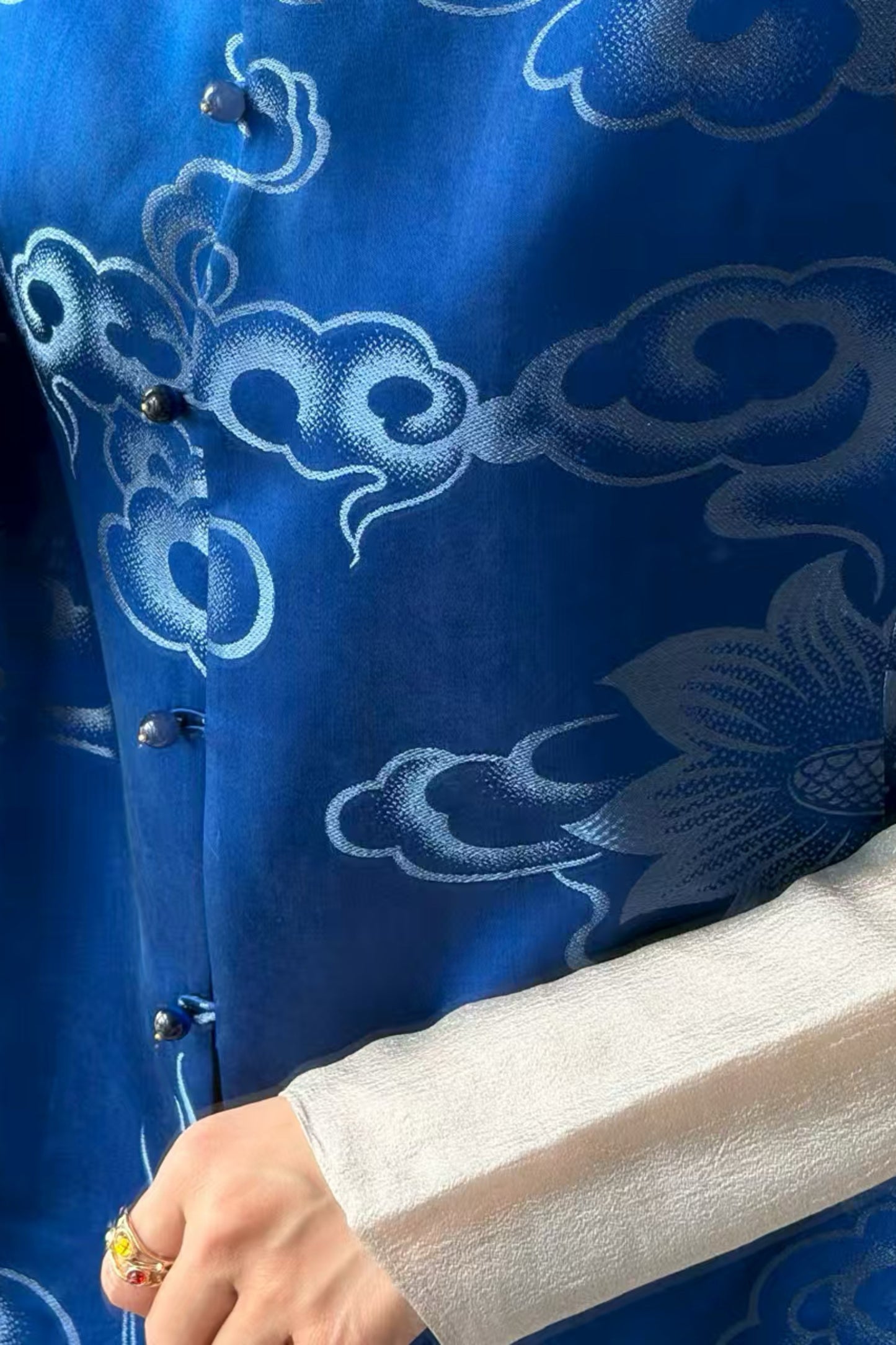 Deep Blue Vintage Satin Vest & Mermaid Skirt Set – Clouds, Flowers, Waves, Fish Motifs
