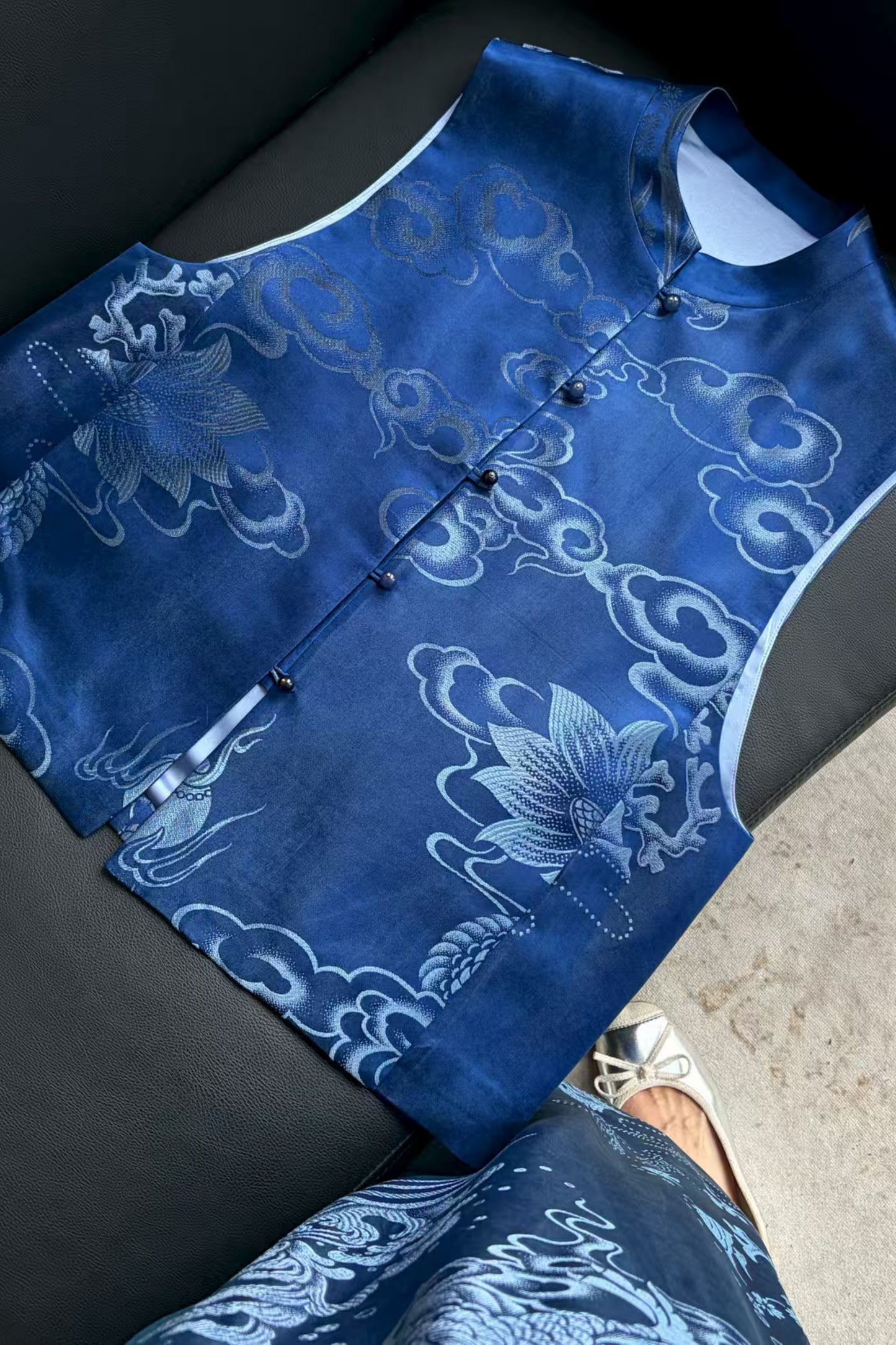 Deep Blue Vintage Satin Vest & Mermaid Skirt Set – Clouds, Flowers, Waves, Fish Motifs