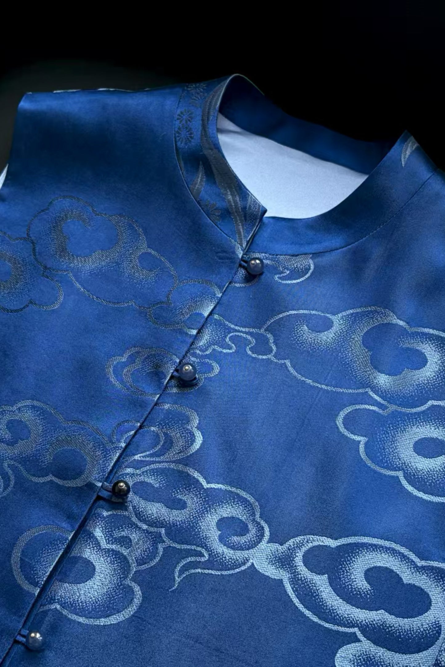 Deep Blue Vintage Satin Vest & Mermaid Skirt Set – Clouds, Flowers, Waves, Fish Motifs