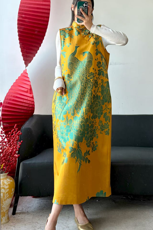 Yellow & Green Antique Satin Sleeveless Long Qipao Dress – Peacock & Floral Motif – One-of-a-Kind