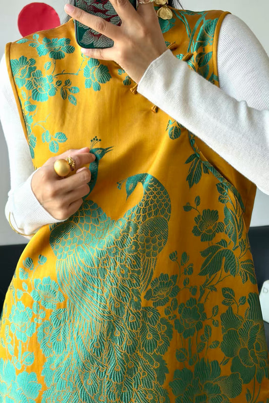 Yellow & Green Antique Satin Sleeveless Long Qipao Dress – Peacock & Floral Motif – One-of-a-Kind