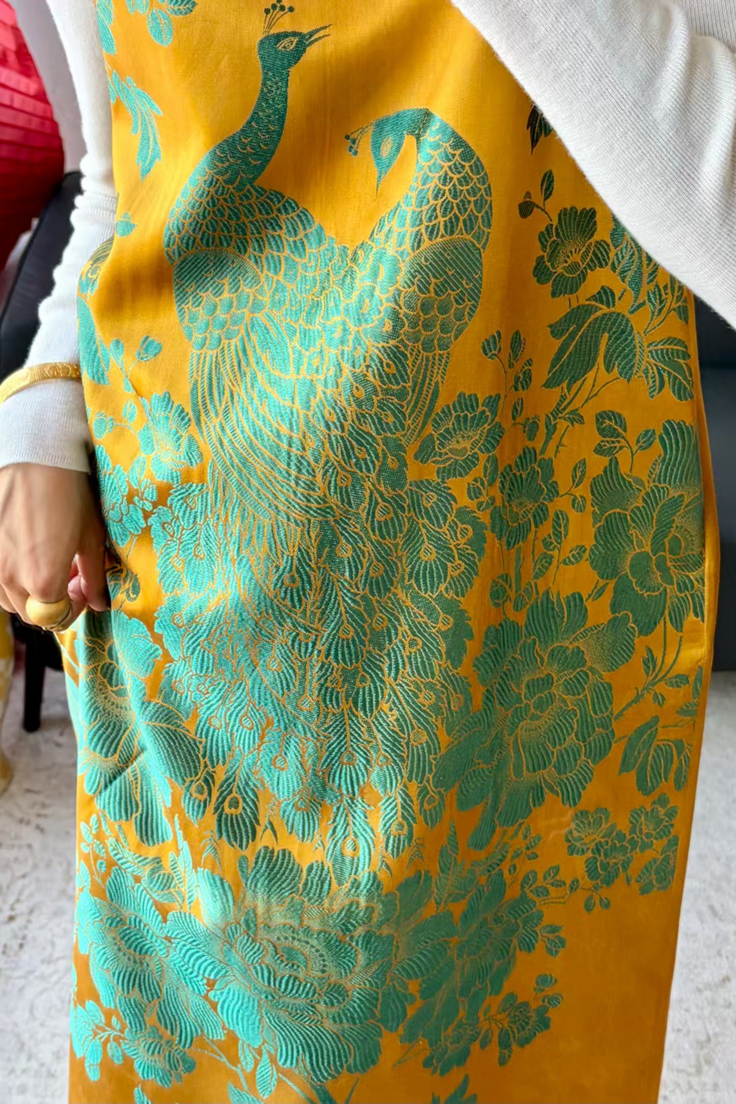 Yellow & Green Antique Satin Sleeveless Long Qipao Dress – Peacock & Floral Motif – One-of-a-Kind