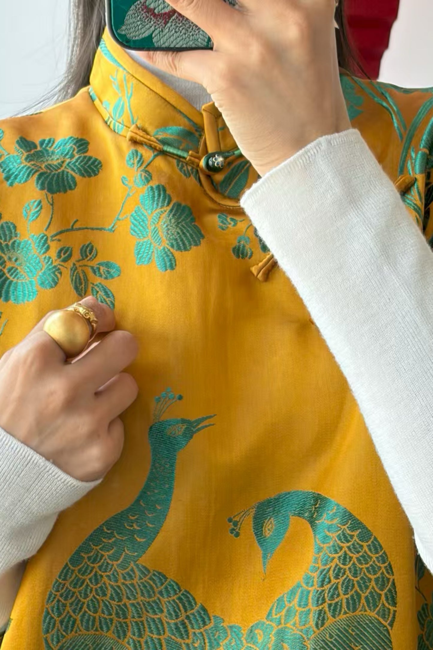 Yellow & Green Antique Satin Sleeveless Long Qipao Dress – Peacock & Floral Motif – One-of-a-Kind