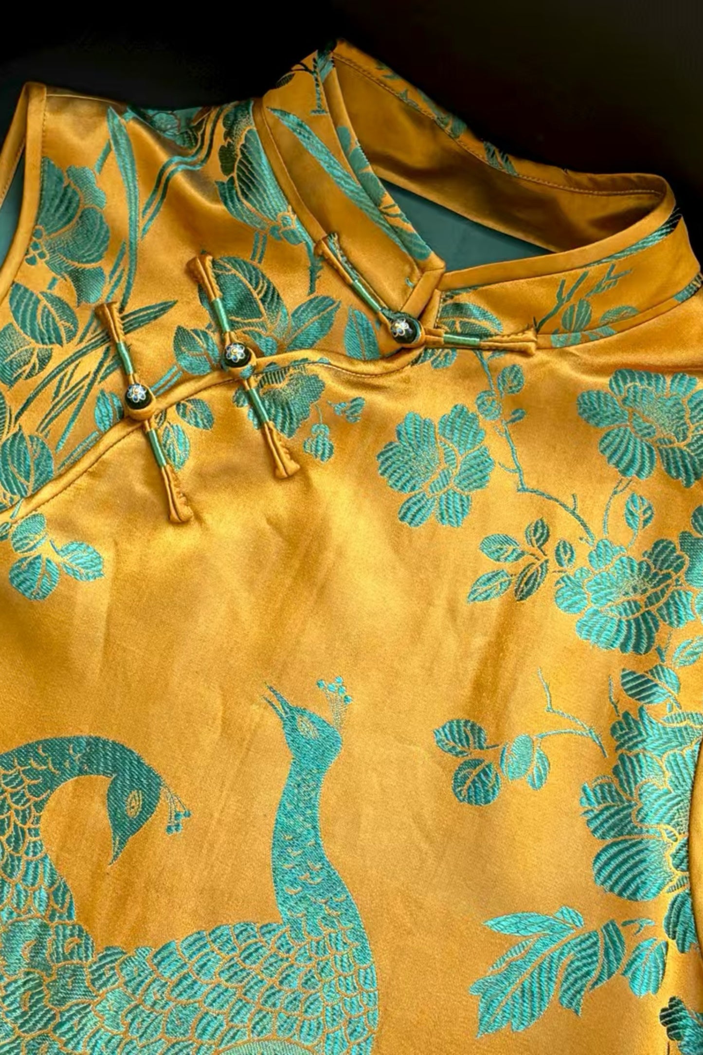 Yellow & Green Antique Satin Sleeveless Long Qipao Dress – Peacock & Floral Motif – One-of-a-Kind