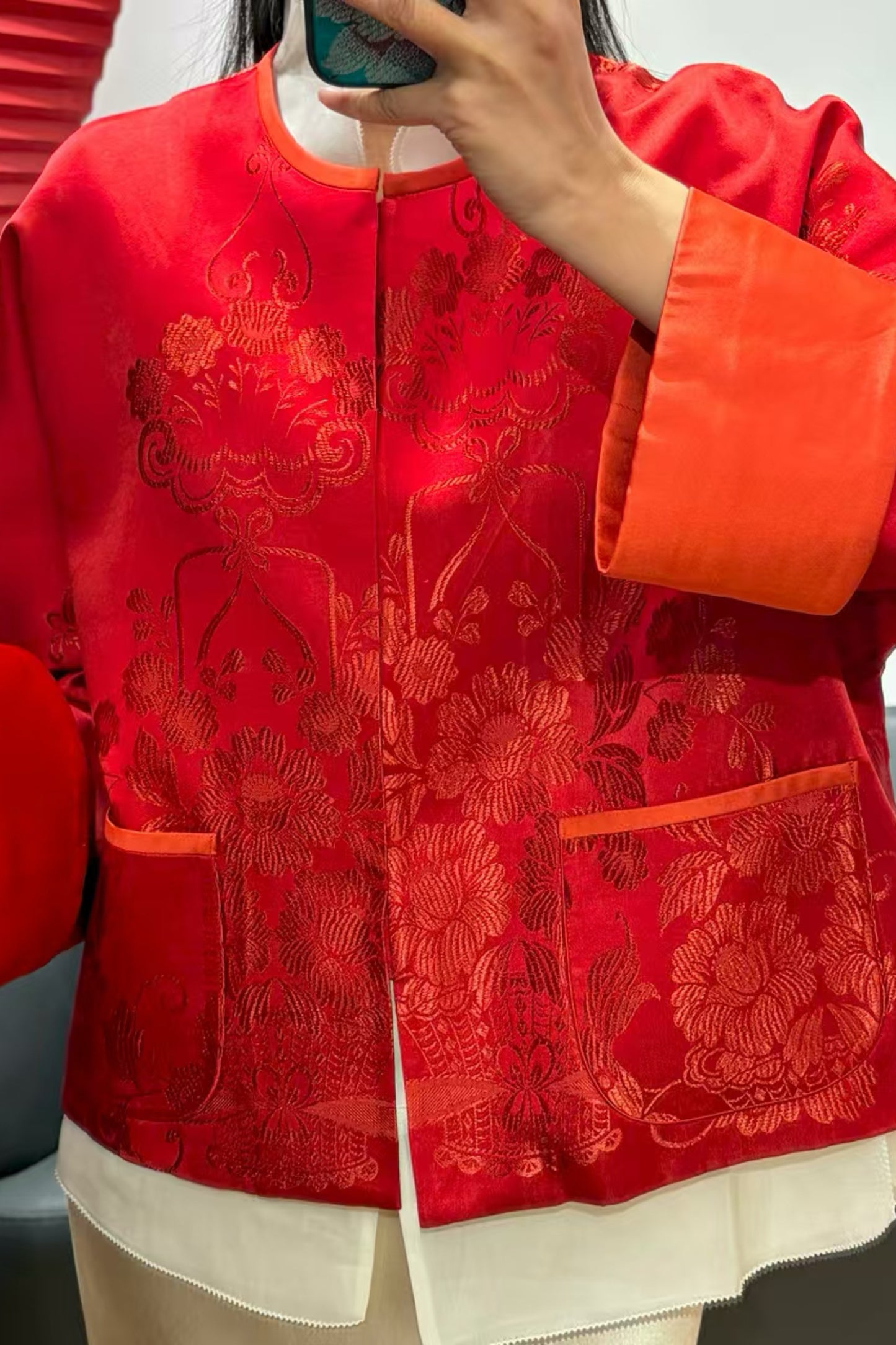 Red Antique Satin Chanel-Style Round Collar Jacket – Rare Floral Basket Motif – One-of-a-Kind
