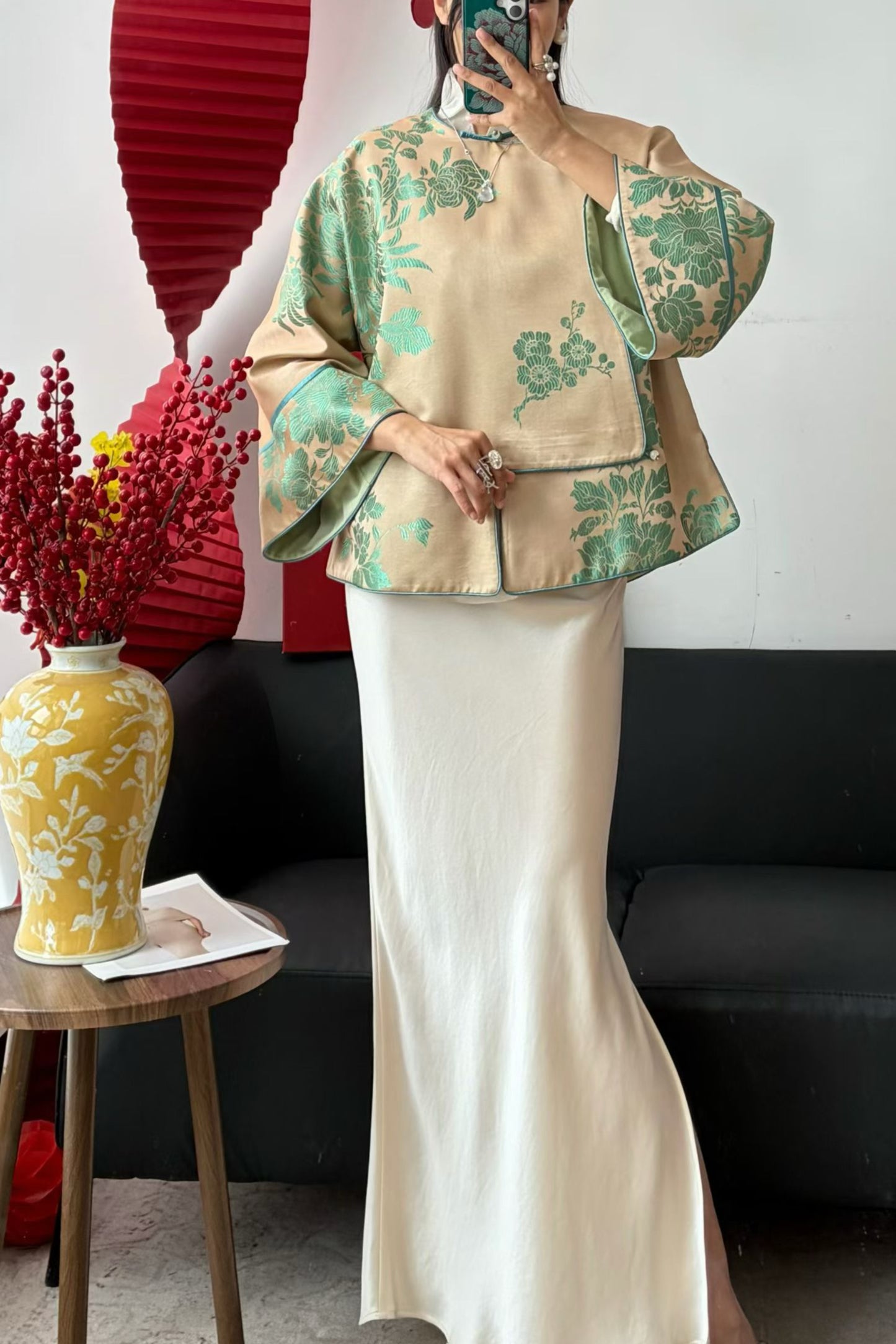 Short Antique Satin Mandarin Jacket – Pipa Front, Plum Orchid Bamboo Chrysanthemum Motif – One-of-a-Kind