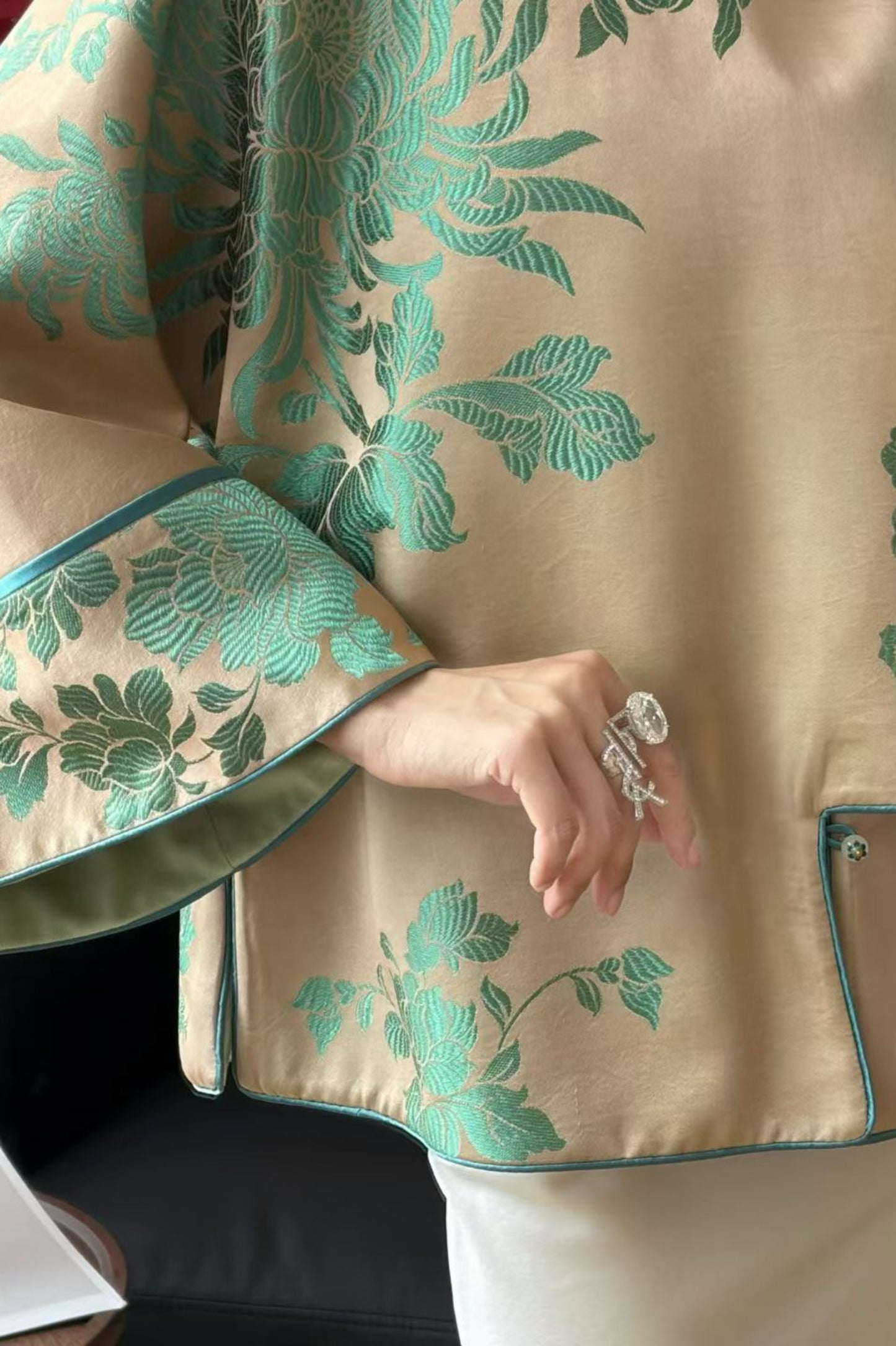 Short Antique Satin Mandarin Jacket – Pipa Front, Plum Orchid Bamboo Chrysanthemum Motif – One-of-a-Kind