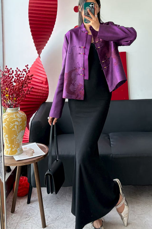Purple Ink-Embroidered Mandarin Jacket – Multi-Chinese-Dragon Motif, Five Frog Buttons – One-of-a-Kind