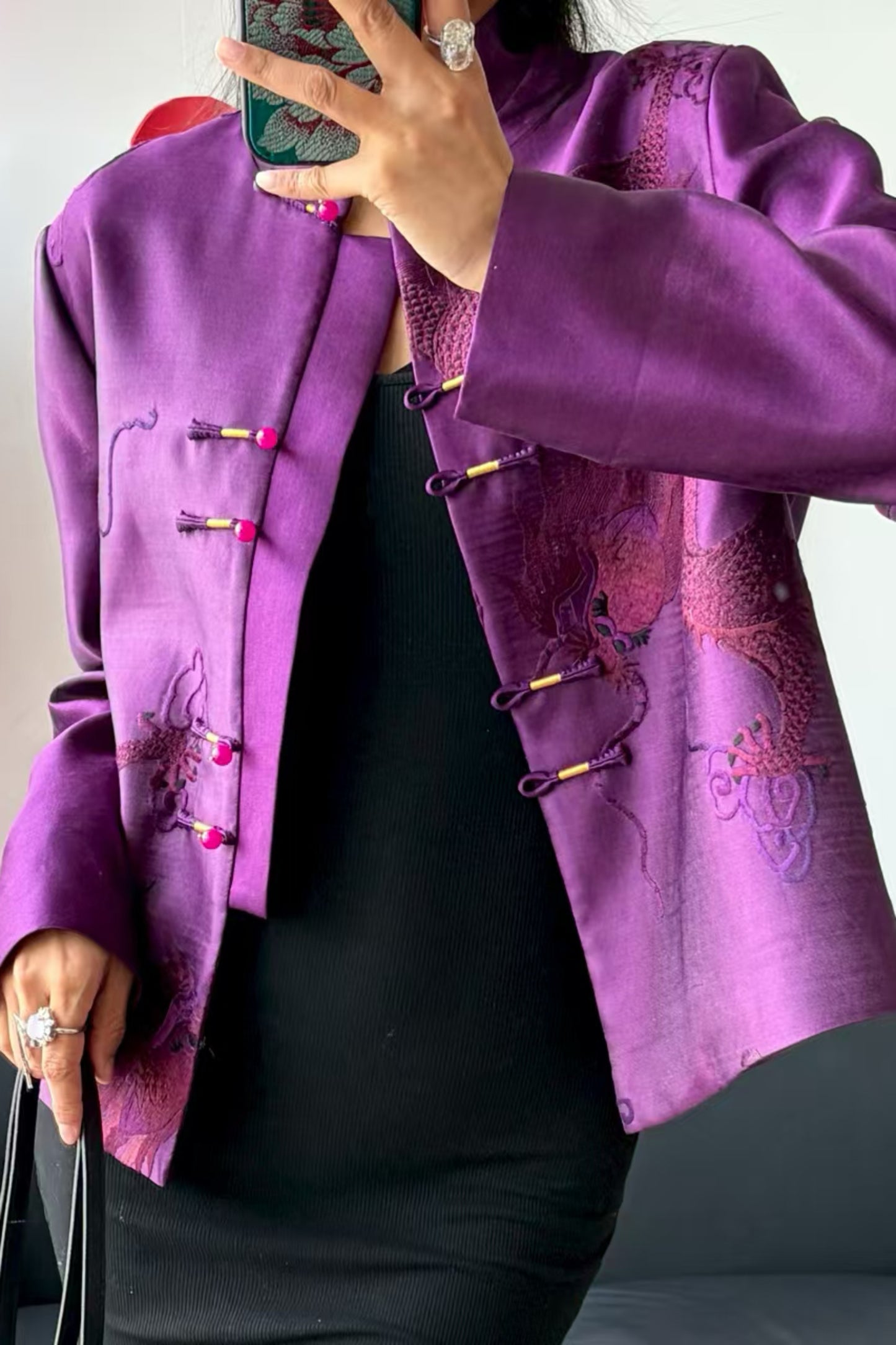 Purple Ink-Embroidered Mandarin Jacket – Multi-Chinese-Dragon Motif, Five Frog Buttons – One-of-a-Kind
