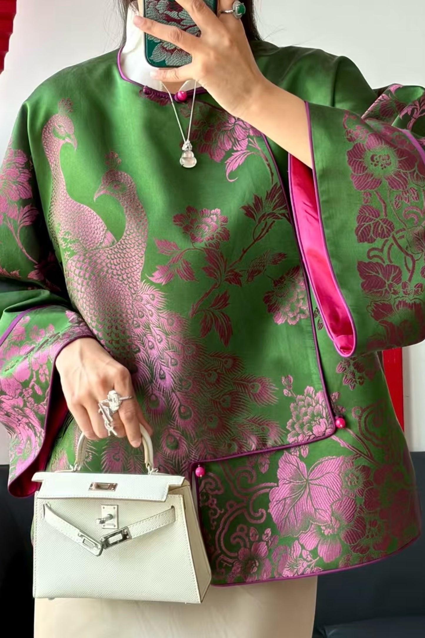 Peacock & Floral Vintage Satin Jacket – One-of-a-Kind in Green with Pink Jacquard