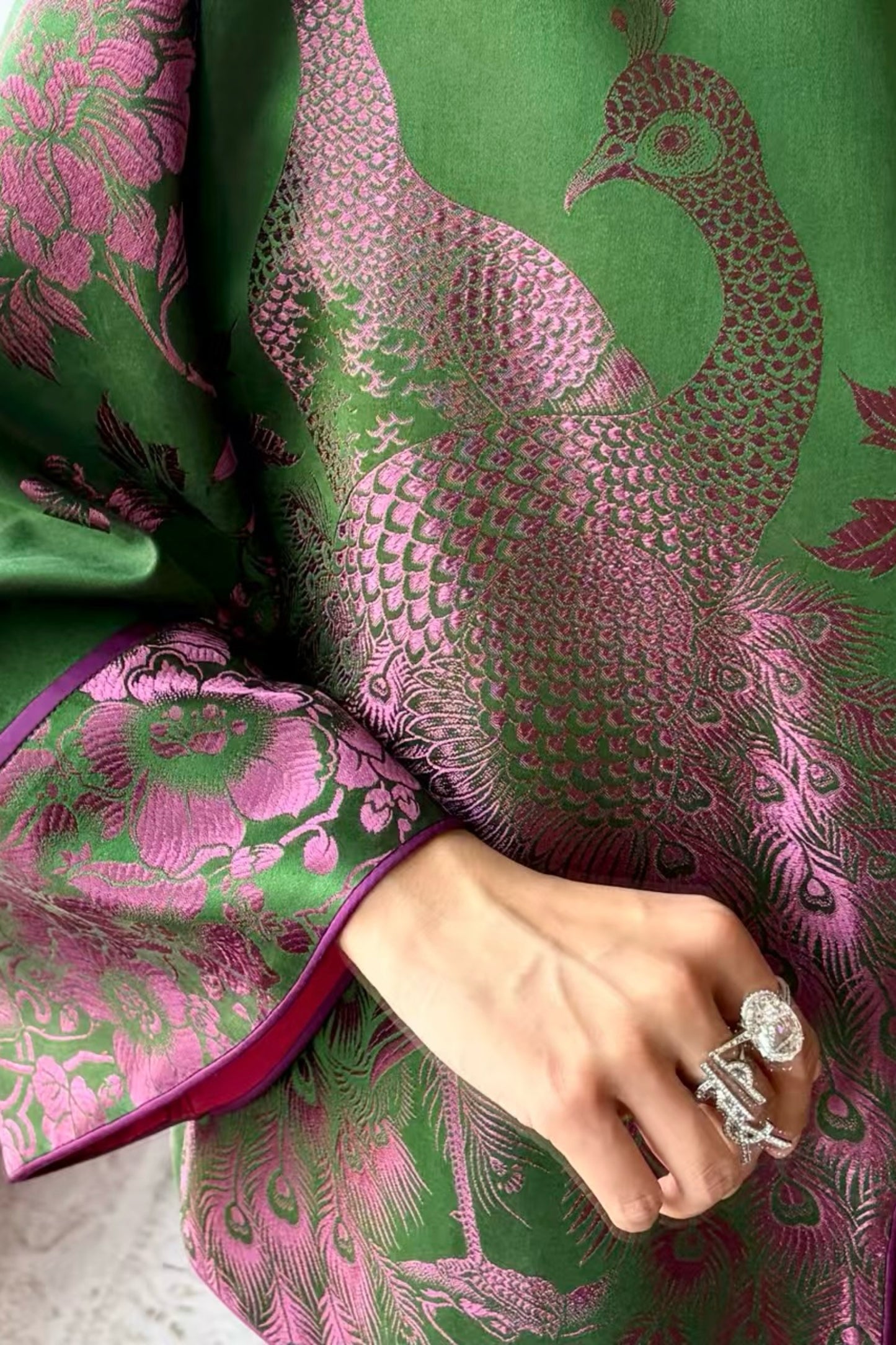 Peacock & Floral Vintage Satin Jacket – One-of-a-Kind in Green with Pink Jacquard