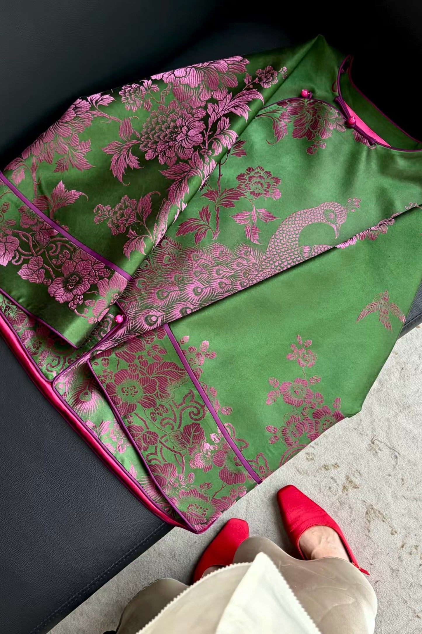 Peacock & Floral Vintage Satin Jacket – One-of-a-Kind in Green with Pink Jacquard