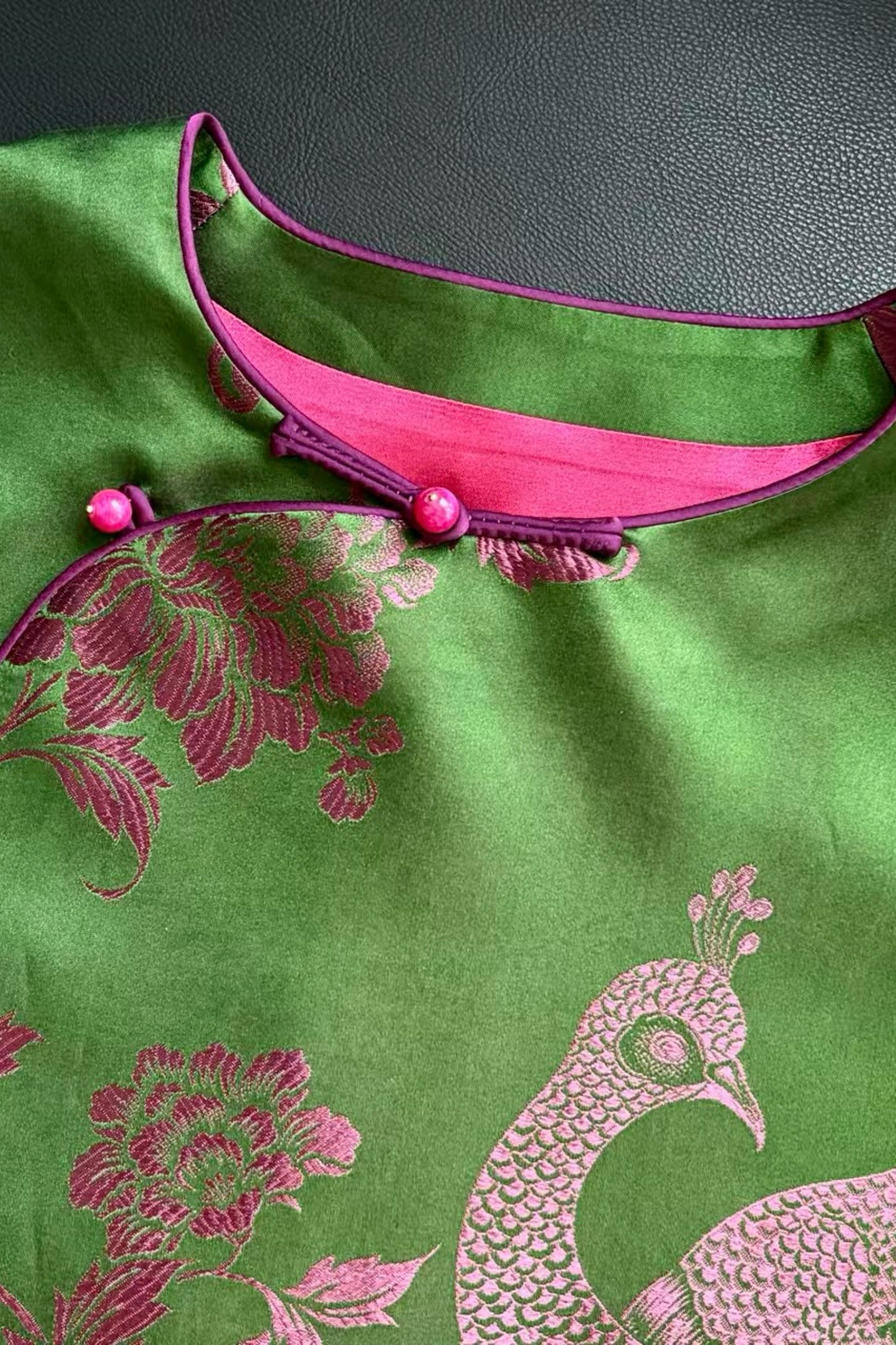 Peacock & Floral Vintage Satin Jacket – One-of-a-Kind in Green with Pink Jacquard