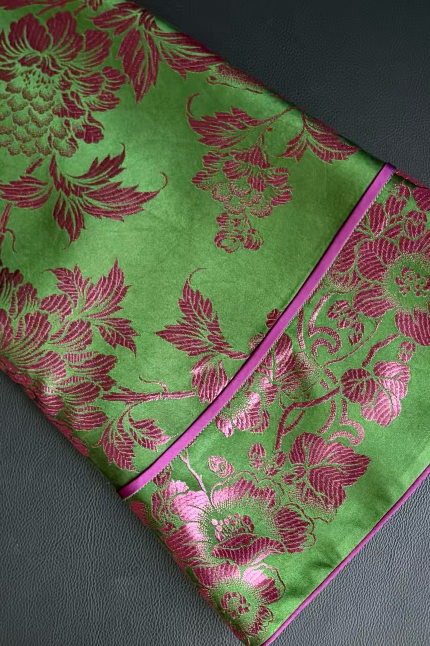 Peacock & Floral Vintage Satin Jacket – One-of-a-Kind in Green with Pink Jacquard