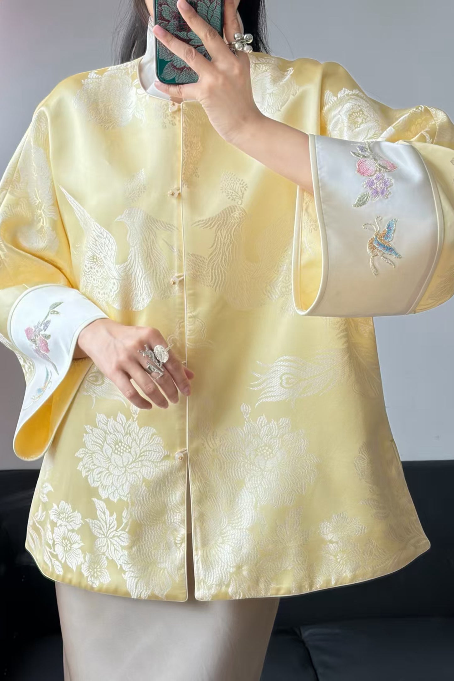 Cream Yellow Antique Satin Mandarin Jacket – Phoenix & Floral Motif, Su-Embroidered Cuffs – One-of-a-Kind