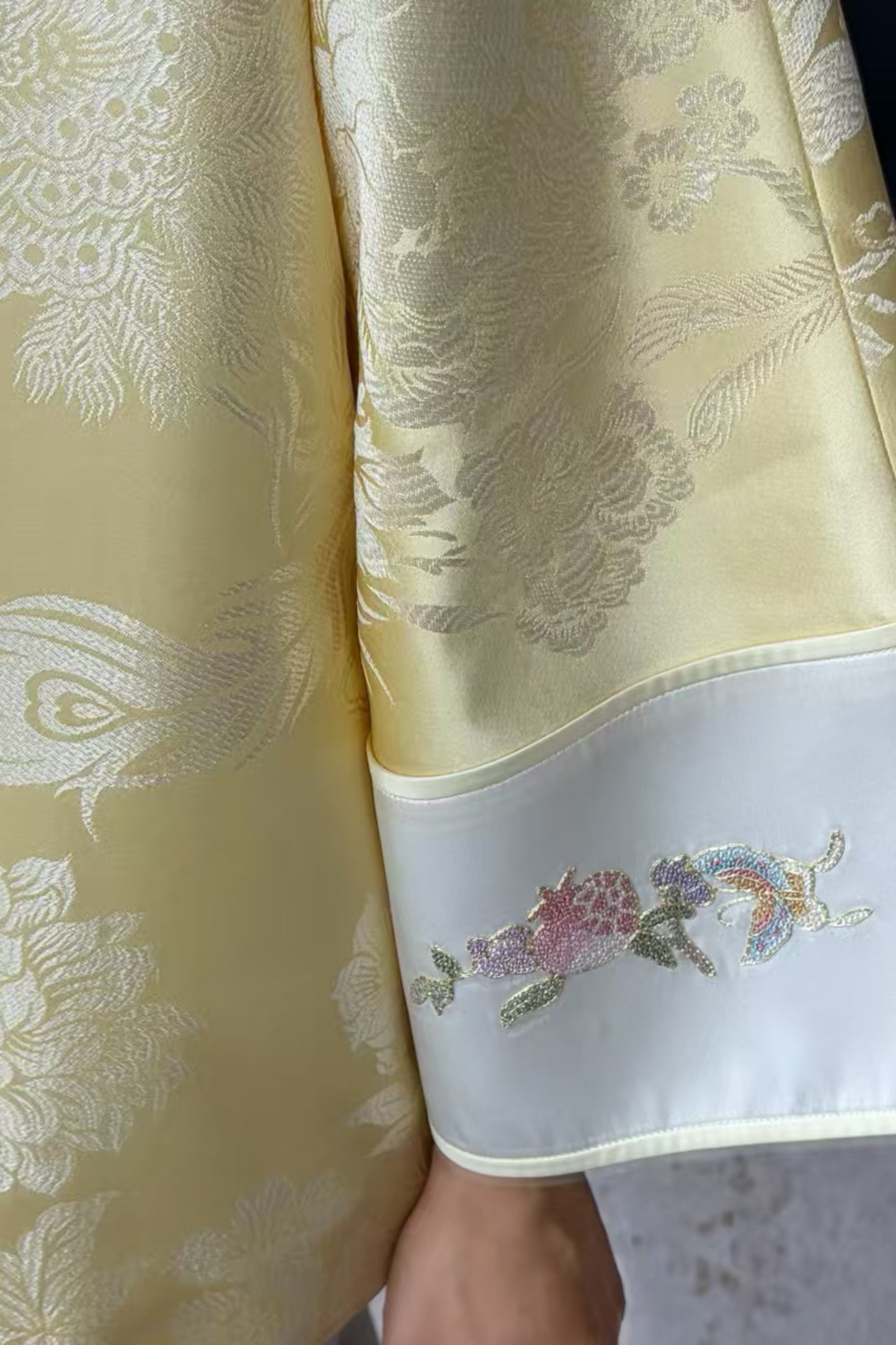 Cream Yellow Antique Satin Mandarin Jacket – Phoenix & Floral Motif, Su-Embroidered Cuffs – One-of-a-Kind