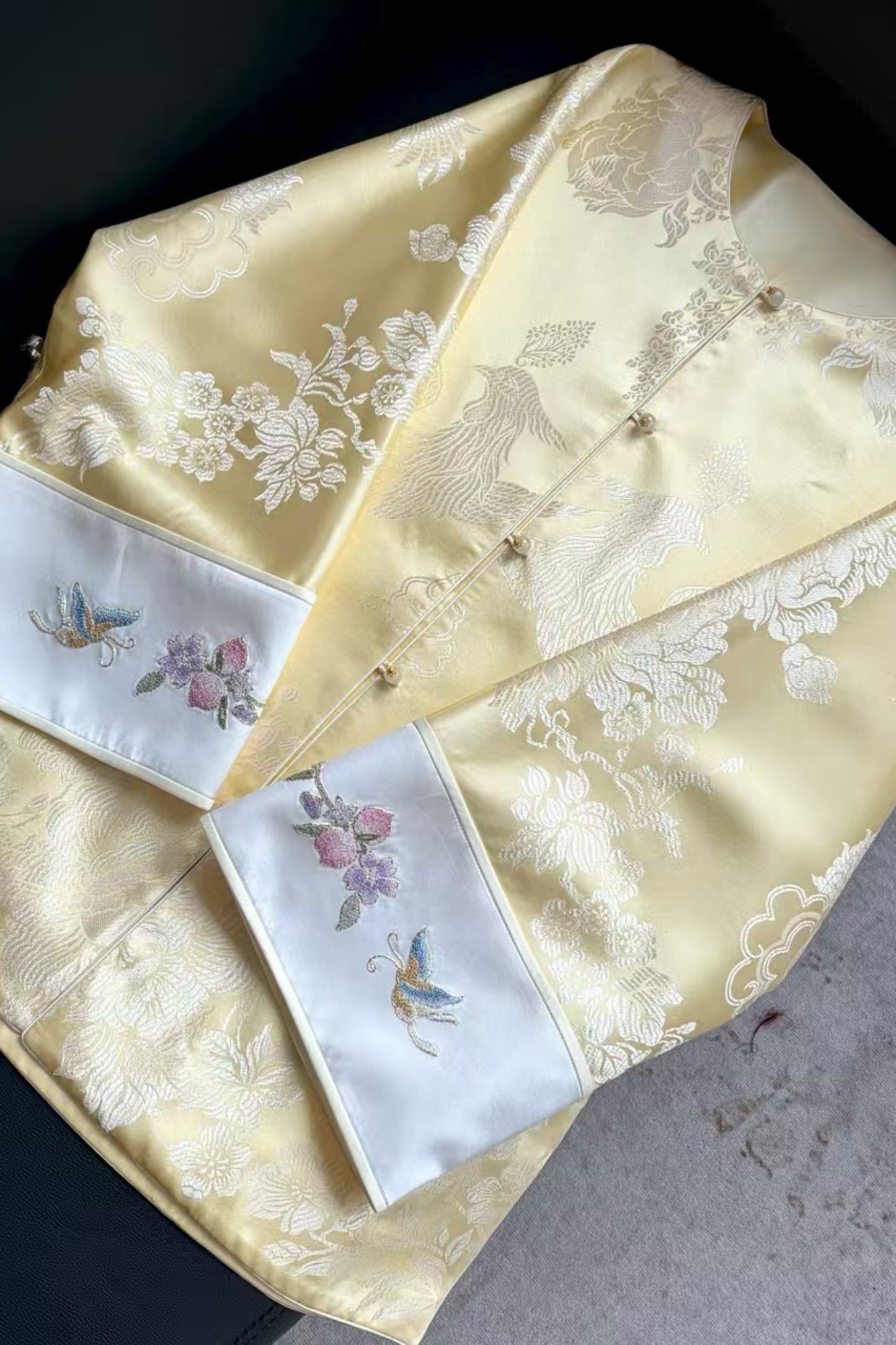Cream Yellow Antique Satin Mandarin Jacket – Phoenix & Floral Motif, Su-Embroidered Cuffs – One-of-a-Kind
