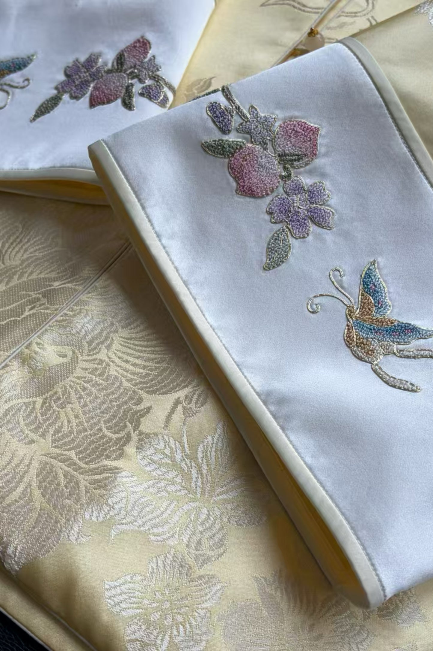 Cream Yellow Antique Satin Mandarin Jacket – Phoenix & Floral Motif, Su-Embroidered Cuffs – One-of-a-Kind