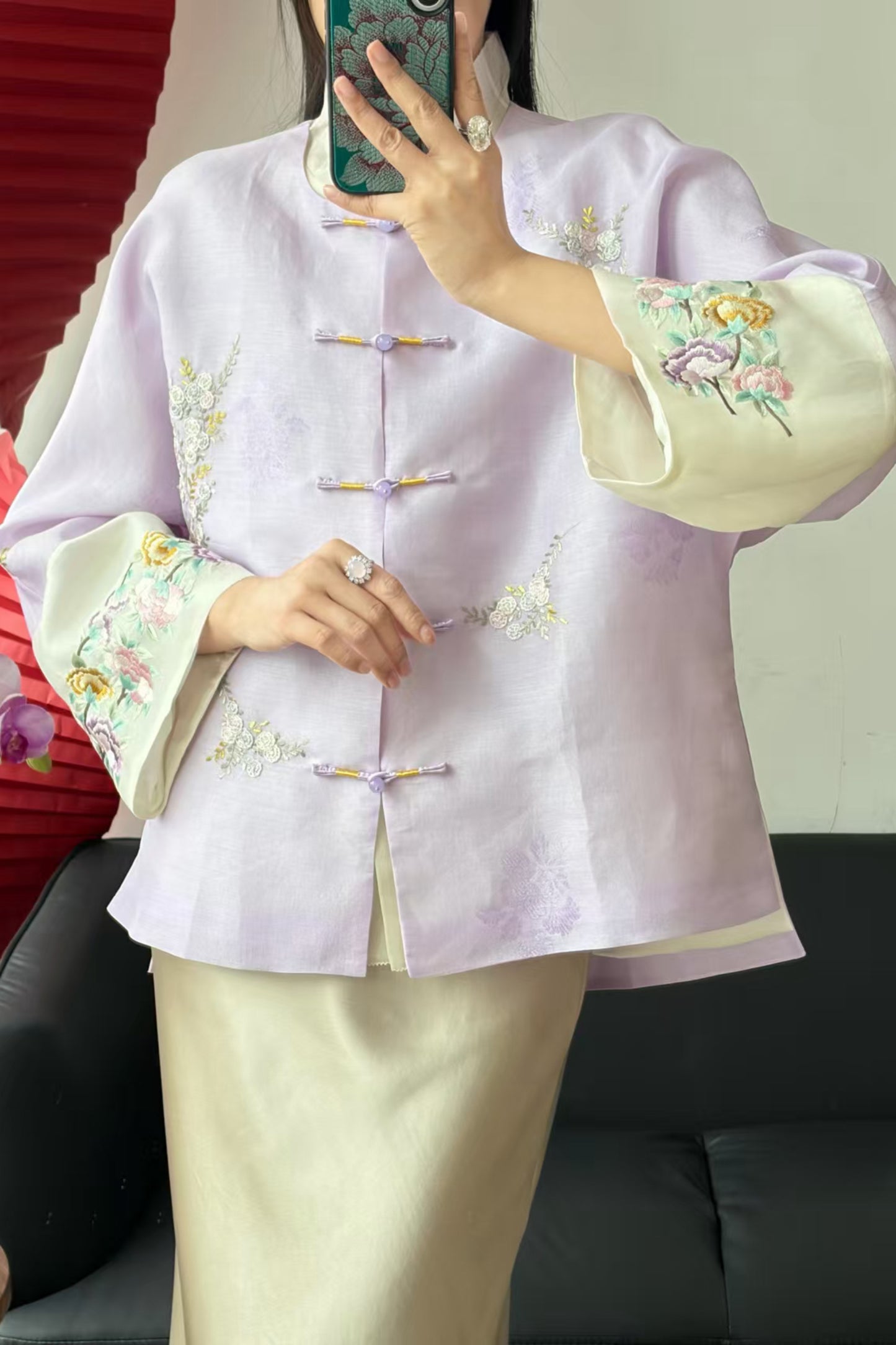 Lavender Silk Gazar Jacket – Su-Embroidered Cuffs & Body, Jacquard Weave – One-of-a-Kind