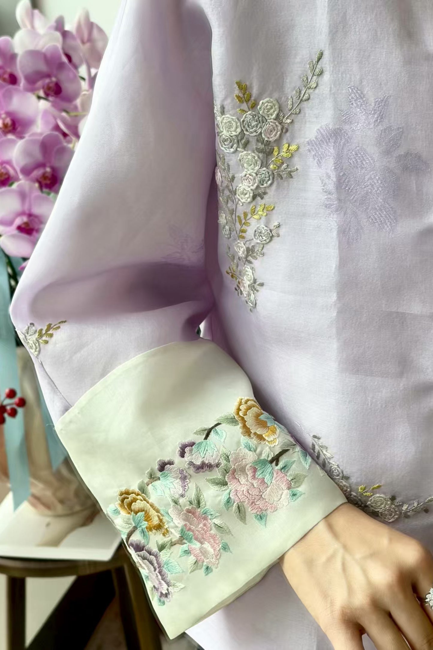 Lavender Silk Gazar Jacket – Su-Embroidered Cuffs & Body, Jacquard Weave – One-of-a-Kind