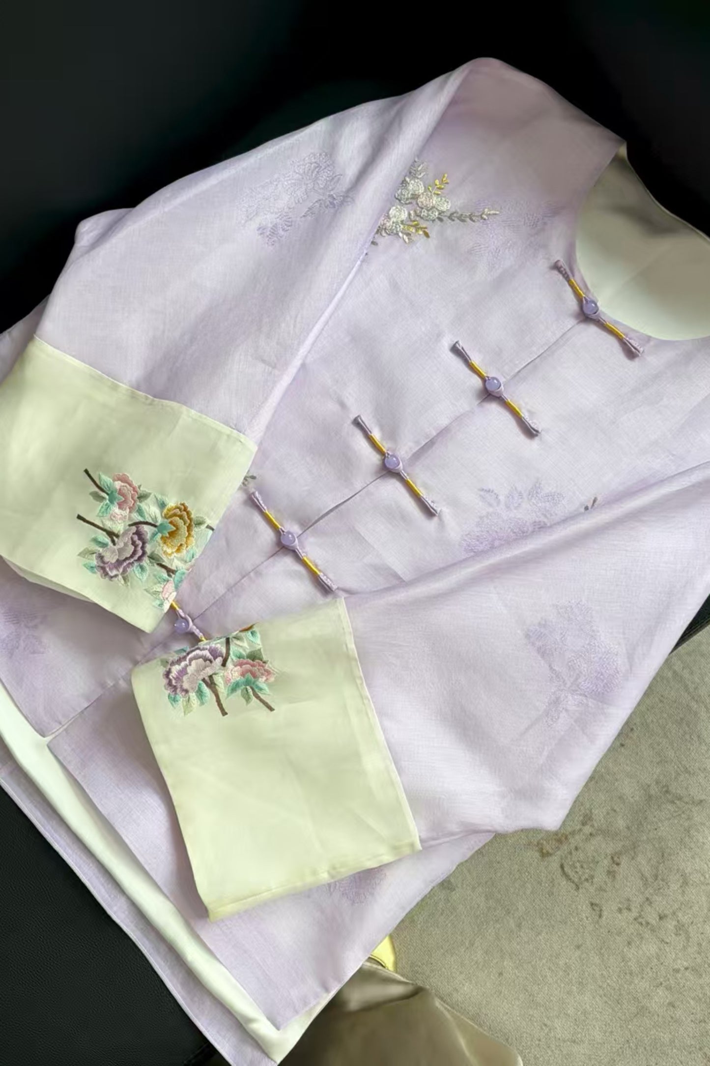 Lavender Silk Gazar Jacket – Su-Embroidered Cuffs & Body, Jacquard Weave – One-of-a-Kind