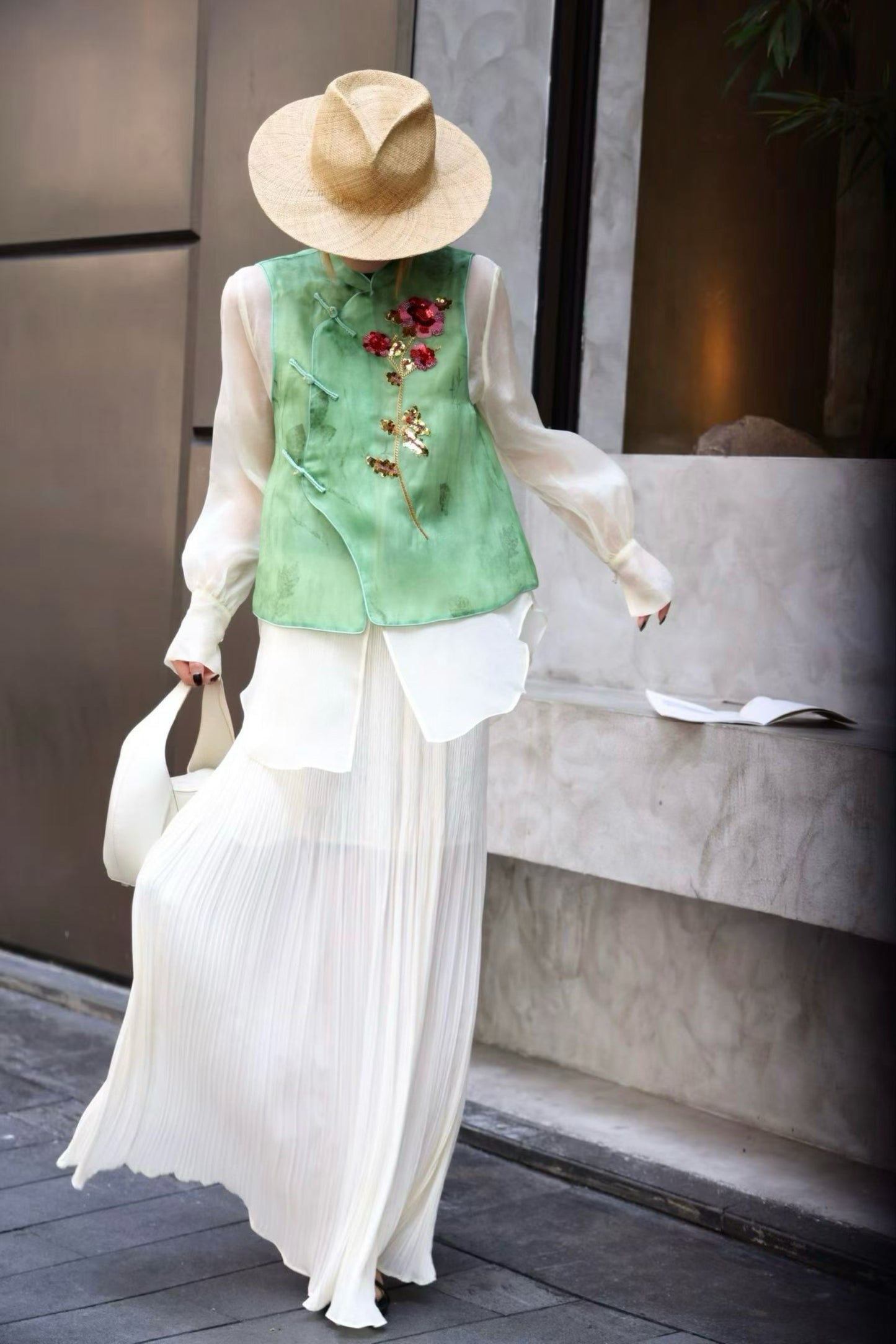 Green Silk Gazar Vest – French Embroidered Roses, Mandarin Collar, Handmade Button