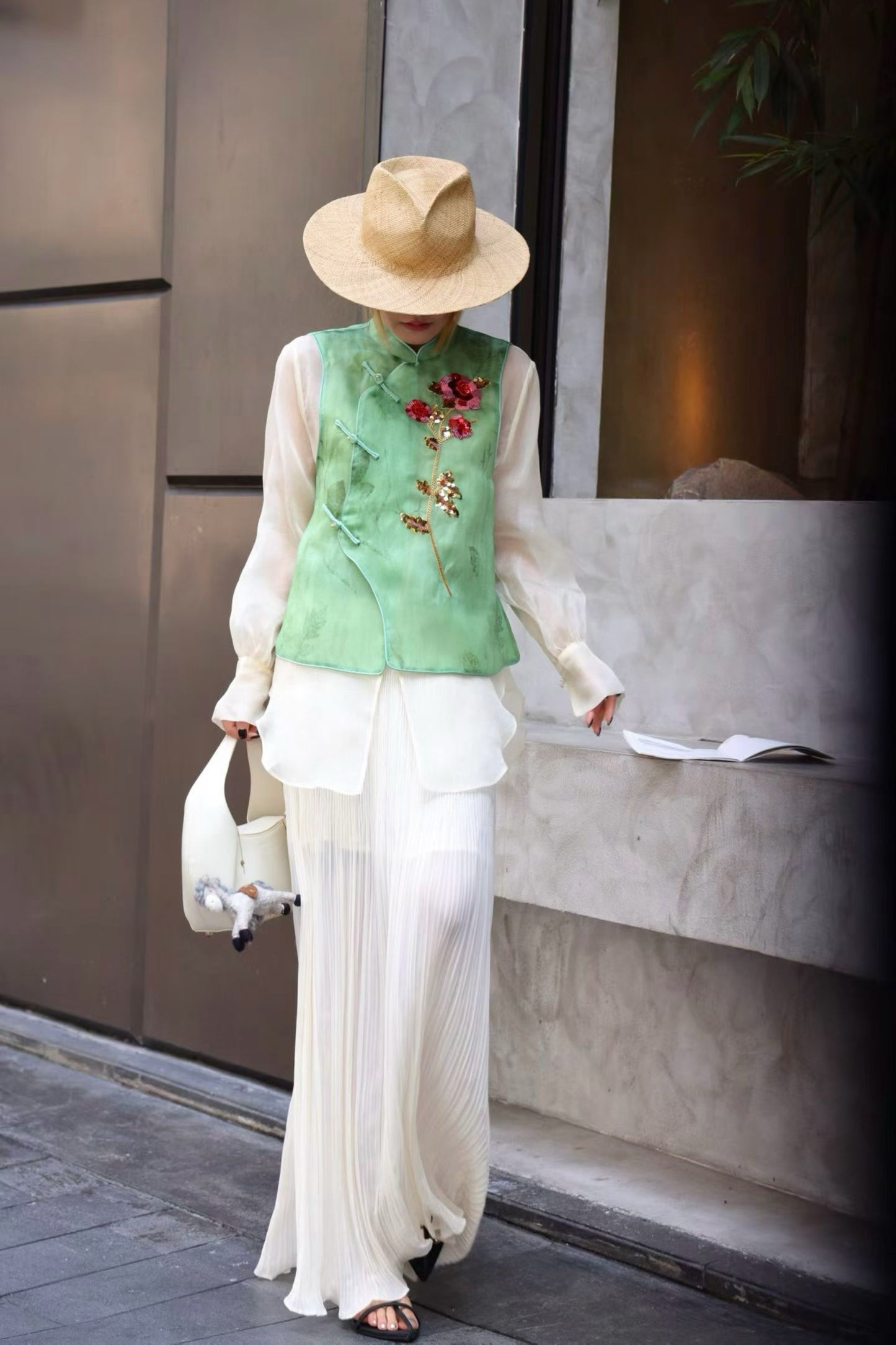 Green Silk Gazar Vest – French Embroidered Roses, Mandarin Collar, Handmade Button