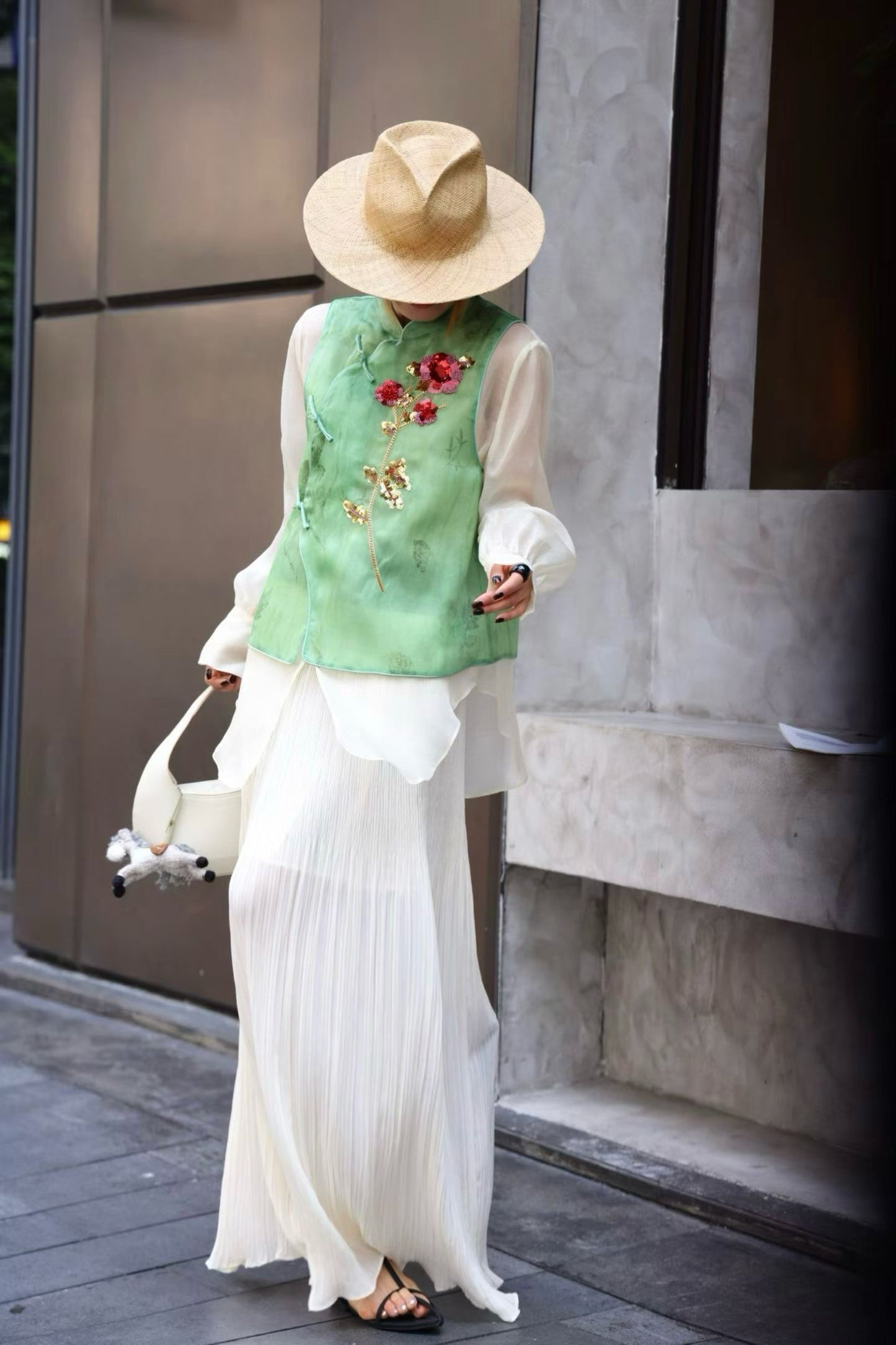 Green Silk Gazar Vest – French Embroidered Roses, Mandarin Collar, Handmade Button