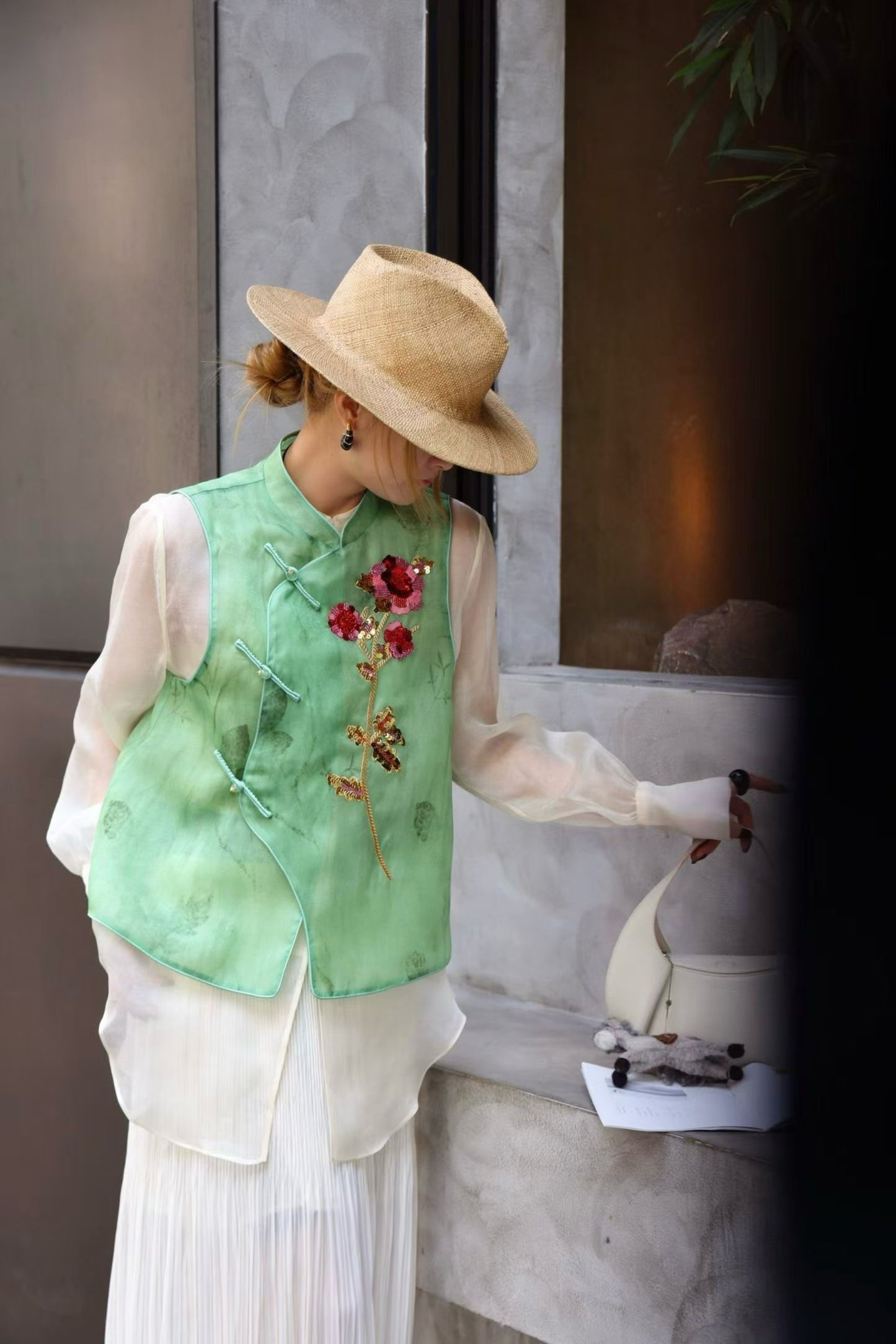 Green Silk Gazar Vest – French Embroidered Roses, Mandarin Collar, Handmade Button