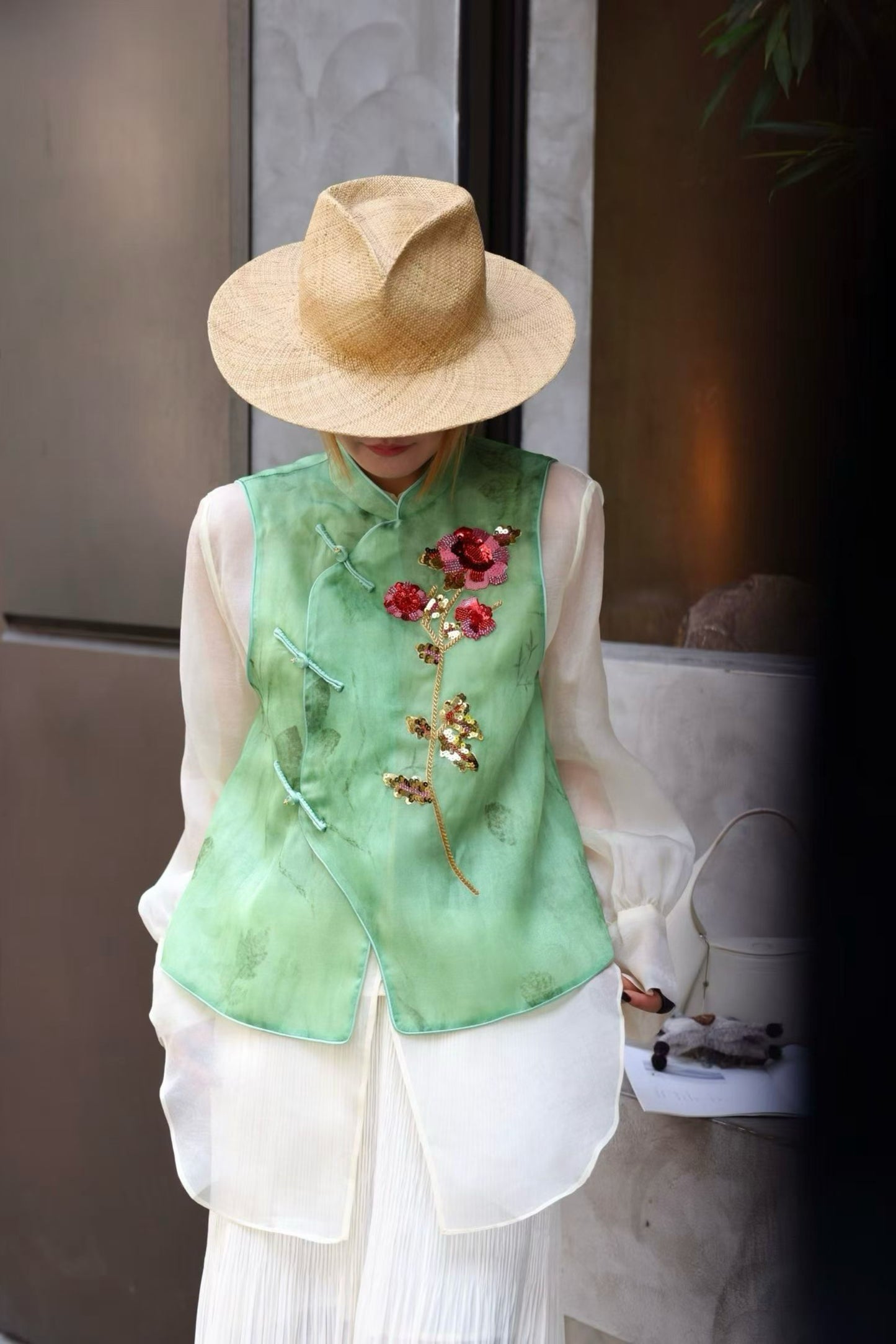 Green Silk Gazar Vest – French Embroidered Roses, Mandarin Collar, Handmade Button